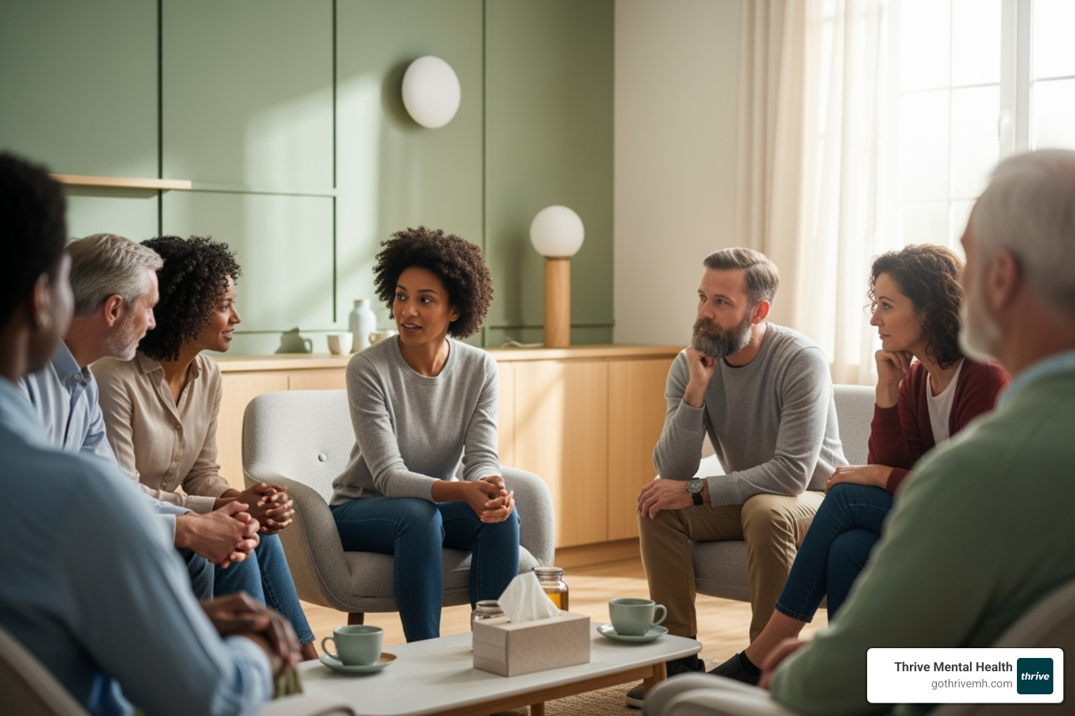 Diverse group of adults in a supportive therapy setting - dbt intensive outpatient programs near me
