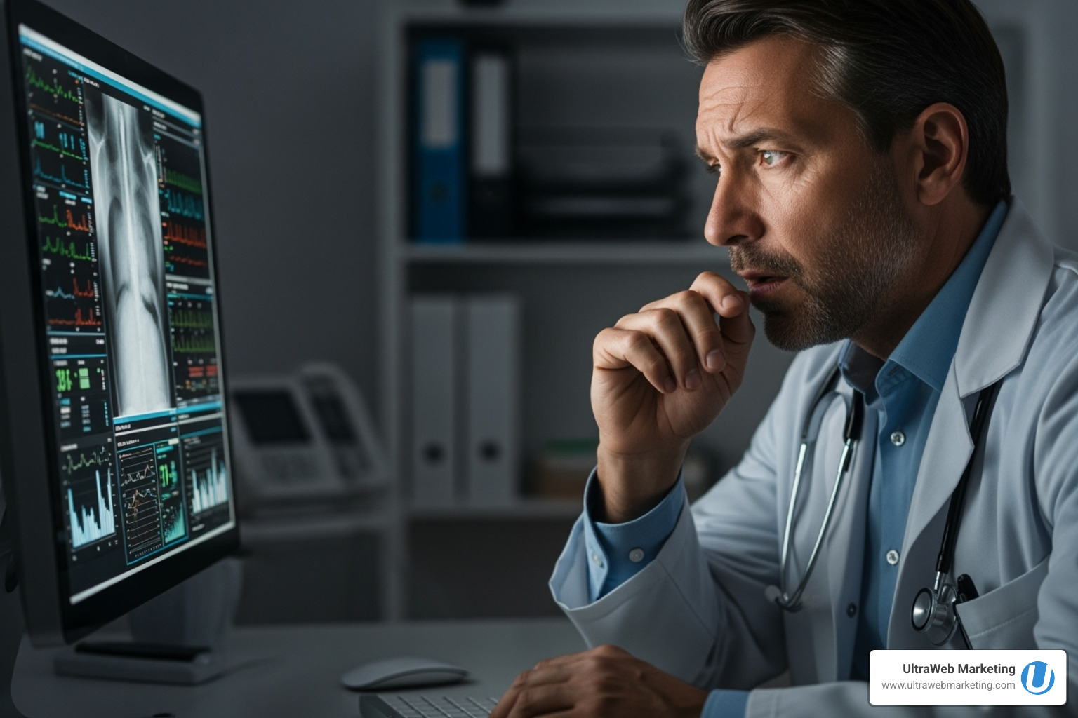 A doctor looking concerned at a computer screen - SEO marketing for doctors A doctor looking concerned at a computer screen - SEO marketing for doctors