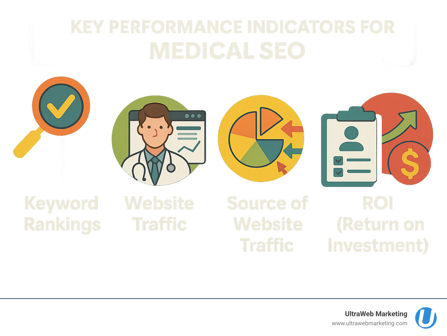 Infographic showing key performance indicators for medical SEO - SEO marketing for doctors infographic Infographic showing key performance indicators for medical SEO - SEO marketing for doctors infographic