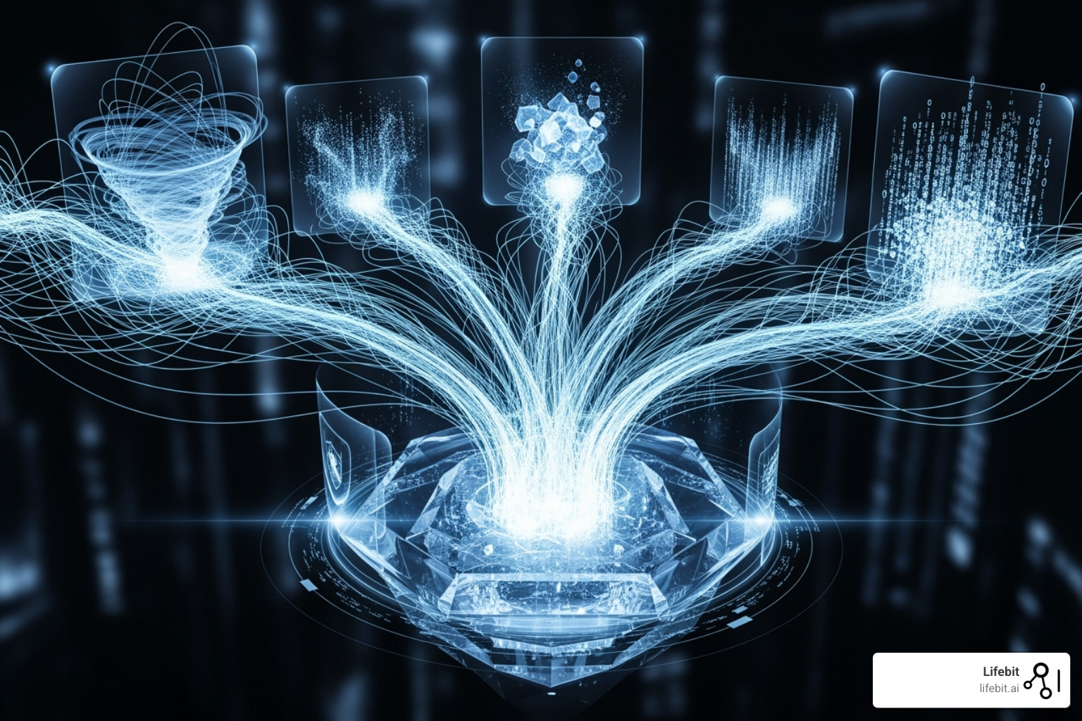 Data flowing from multiple sources into a central, governed data lake - Data analytics platform