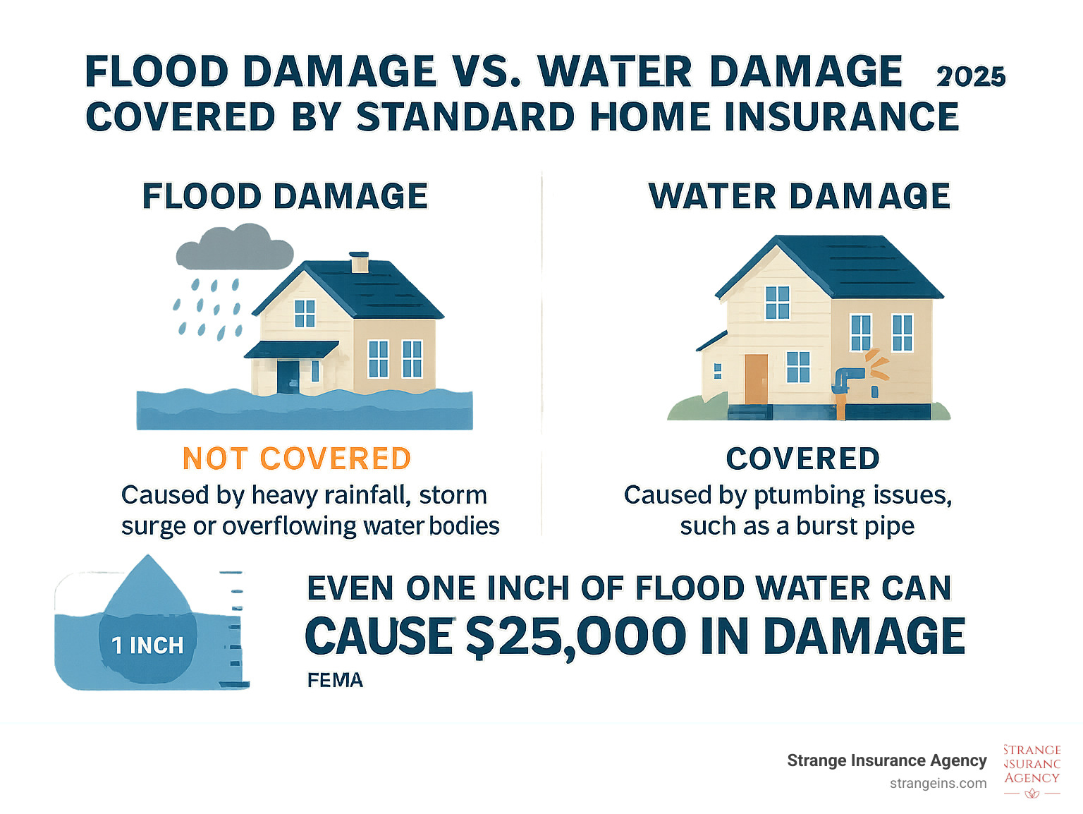 Infographic explaining the difference between flood damage and water damage covered by standard home insurance - Best flood insurance rates infographic 