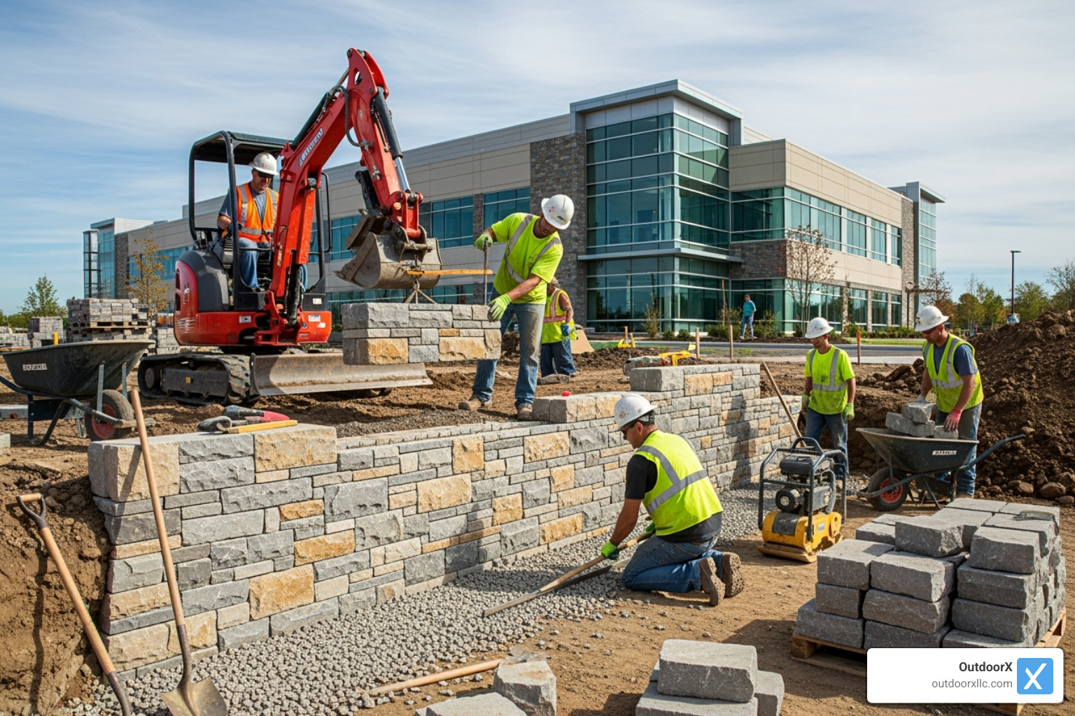 A landscape construction team installing a large stone retaining wall - commercial landscape construction