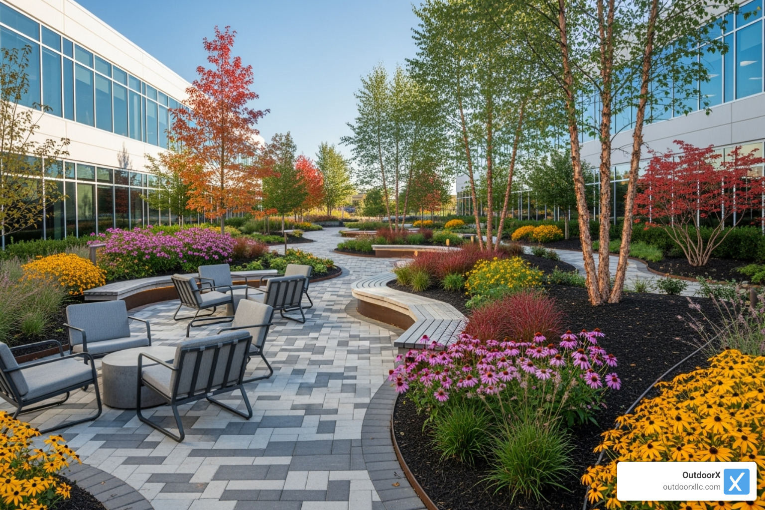A modern commercial landscape featuring native plants, permeable pavers, and an outdoor seating area - commercial landscape construction