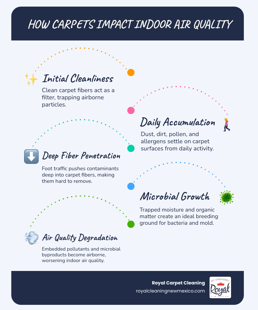 Infographic showing the buildup of dirt, bacteria, allergens, and pollutants in commercial carpet fibers over time, with arrows indicating how particles penetrate deeper layers and affect indoor air quality - what is commercial carpet cleaning infographic infographic-line-5-steps-blues-accent_colors