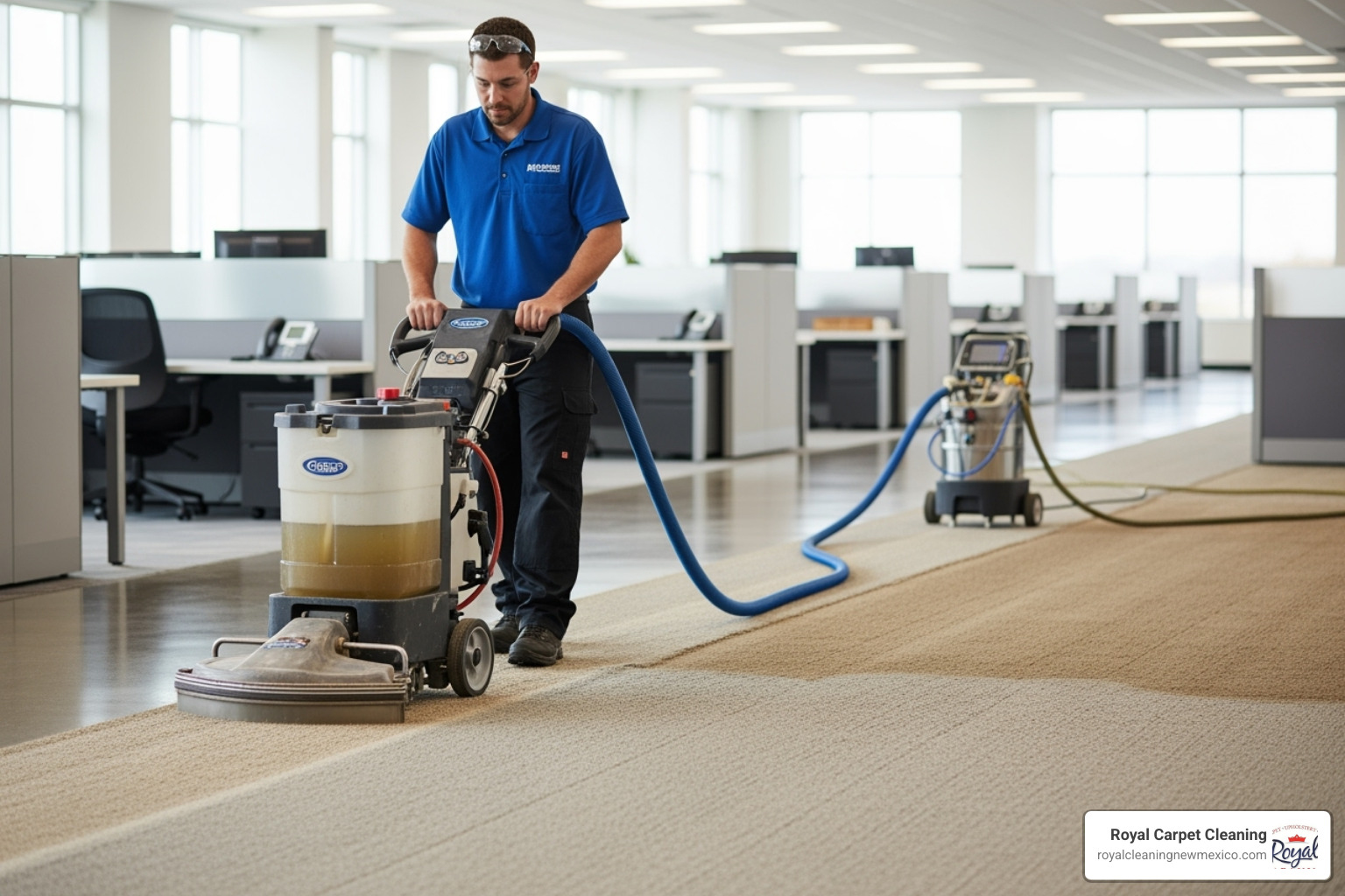 Technician using a hot water extraction machine on a large office floor - what is commercial carpet cleaning