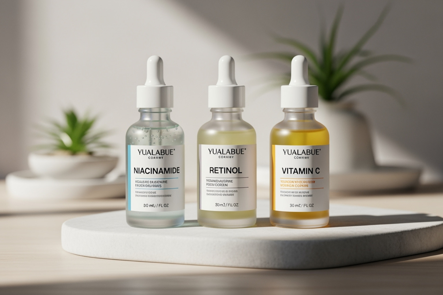 skincare bottles labeled with Niacinamide, Retinol, and Vitamin C - what is the best way to reduce large pores