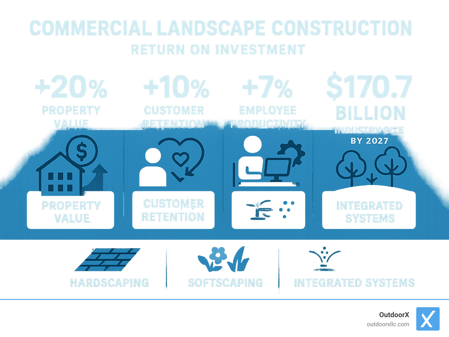 Infographic showing the return on investment of commercial landscape construction, featuring statistics on 20% property value increase, 10% customer retention improvement, 7% employee productivity boost, and the $170.7 billion projected industry size by 2027, with icons representing hardscaping, softscaping, and integrated systems - commercial landscape construction infographic 