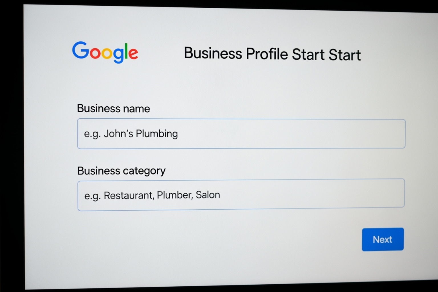 Google Business Profile creation start screen with fields for business name and category - google business account Google Business Profile creation start screen with fields for business name and category - google business account