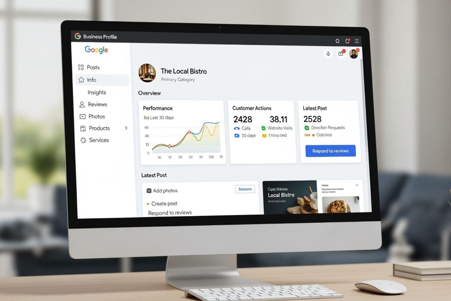 Well-optimized Google Business Profile dashboard showing various management options - google business account Well-optimized Google Business Profile dashboard showing various management options - google business account