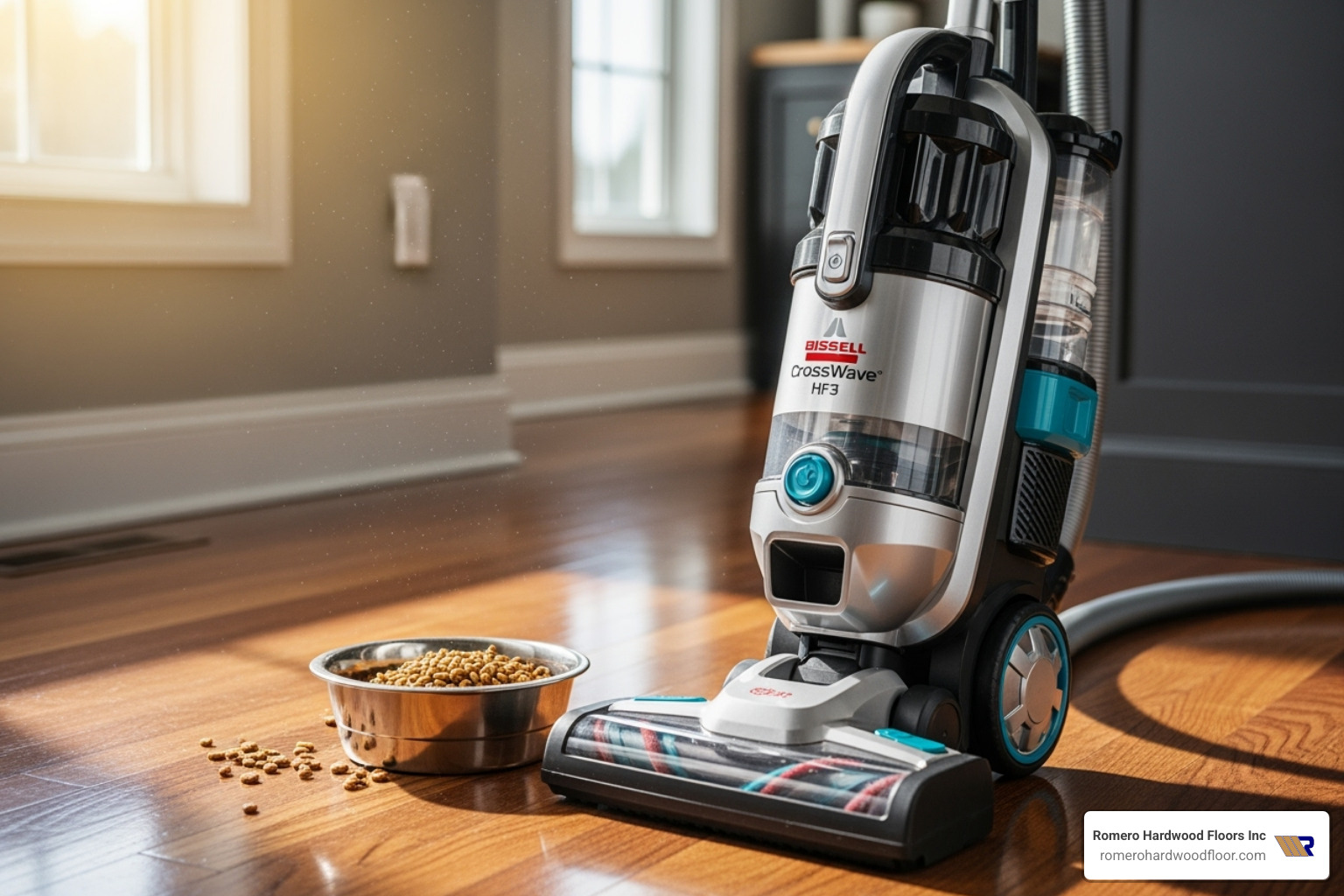 BISSELL CrossWave HF3 next to a pet bowl - best cordless mop for hardwood floors BISSELL CrossWave HF3 next to a pet bowl - best cordless mop for hardwood floors