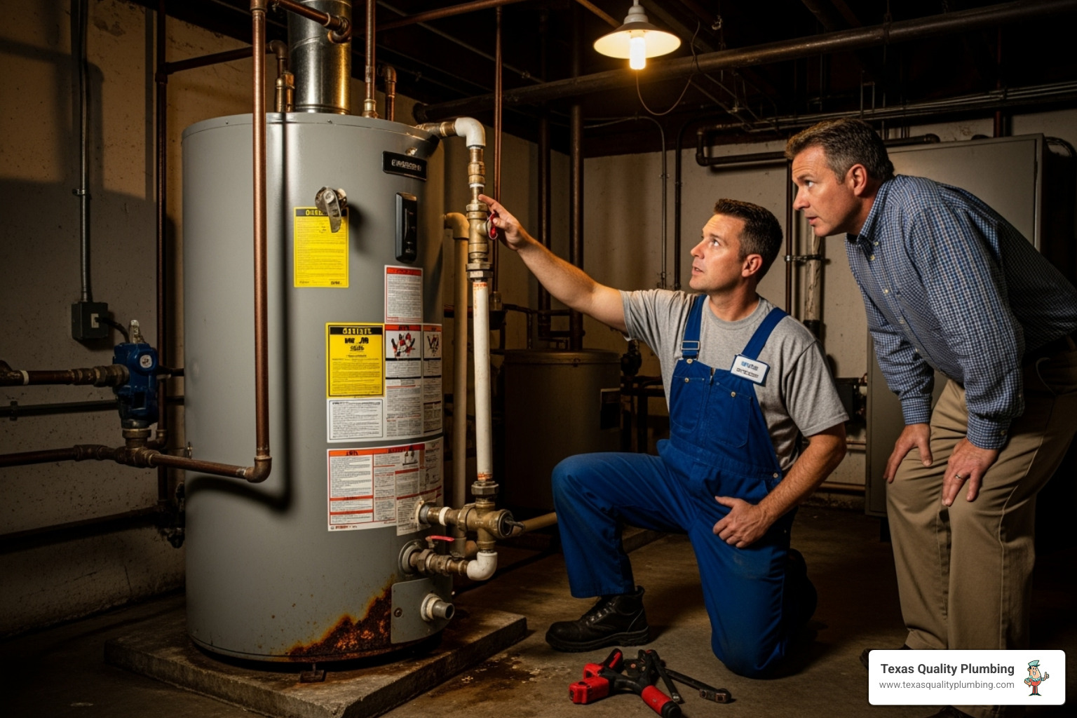A plumbing technician carefully inspecting an older commercial water heater unit, pointing out a component to the business owner - commercial water heater repair