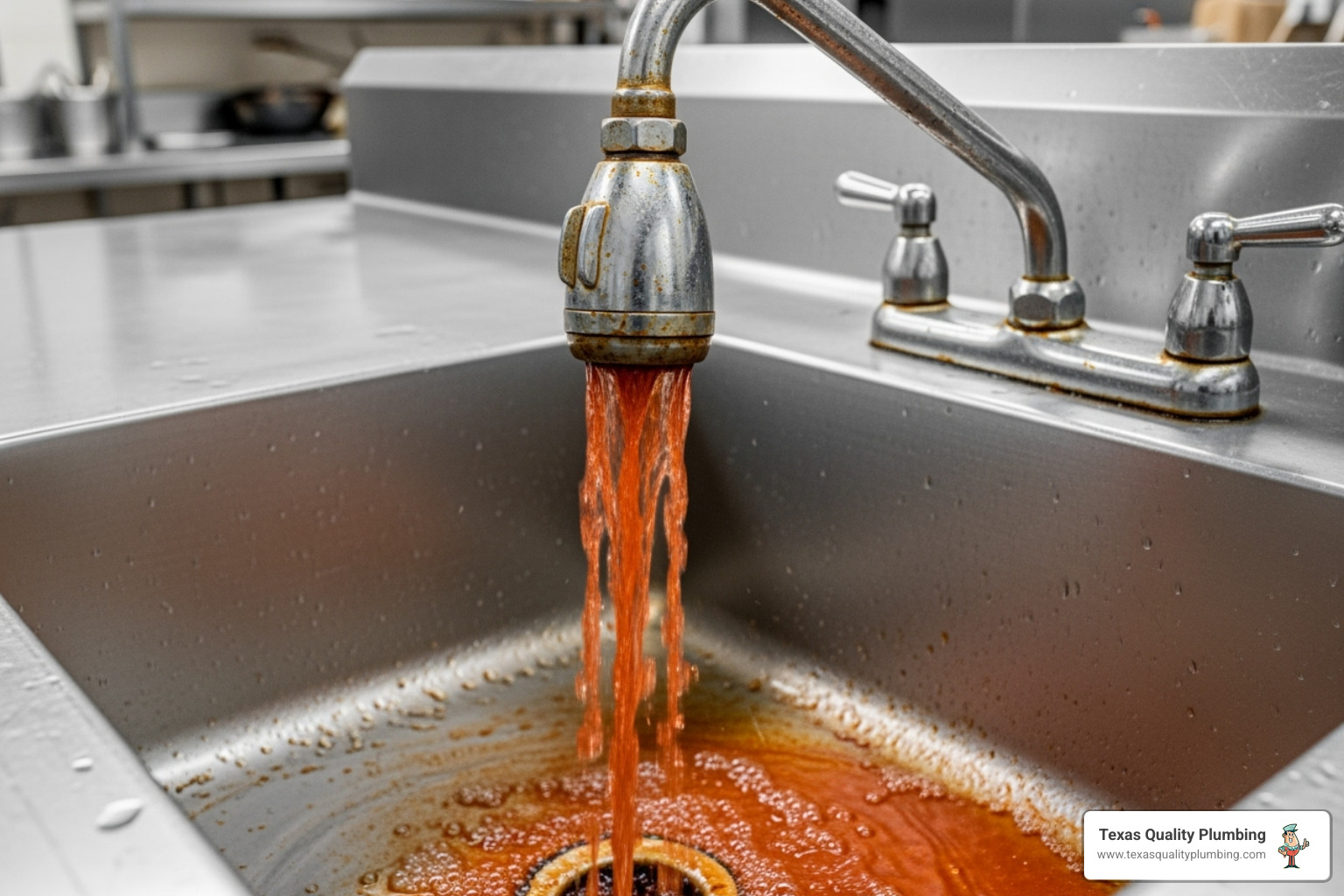 Discolored water pouring from a commercial tap, indicating rust or sediment in the water heater - commercial water heater repair