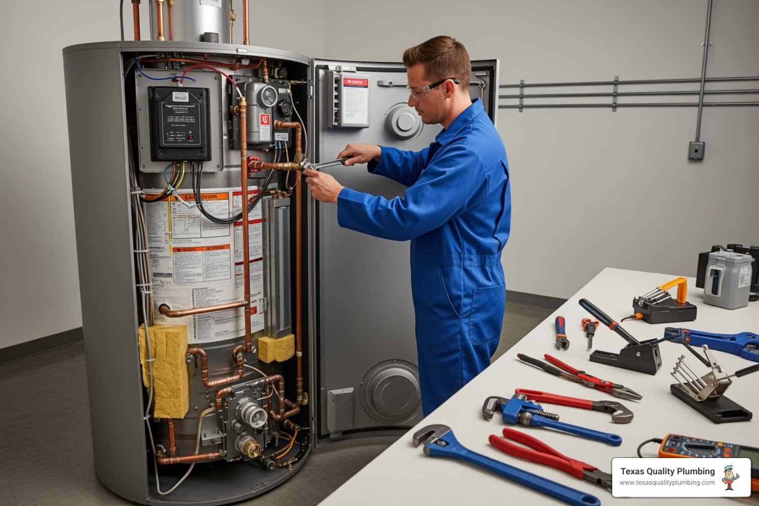 A skilled technician carefully working on the internal components of a commercial water heater, with tools laid out neatly - commercial water heater repair