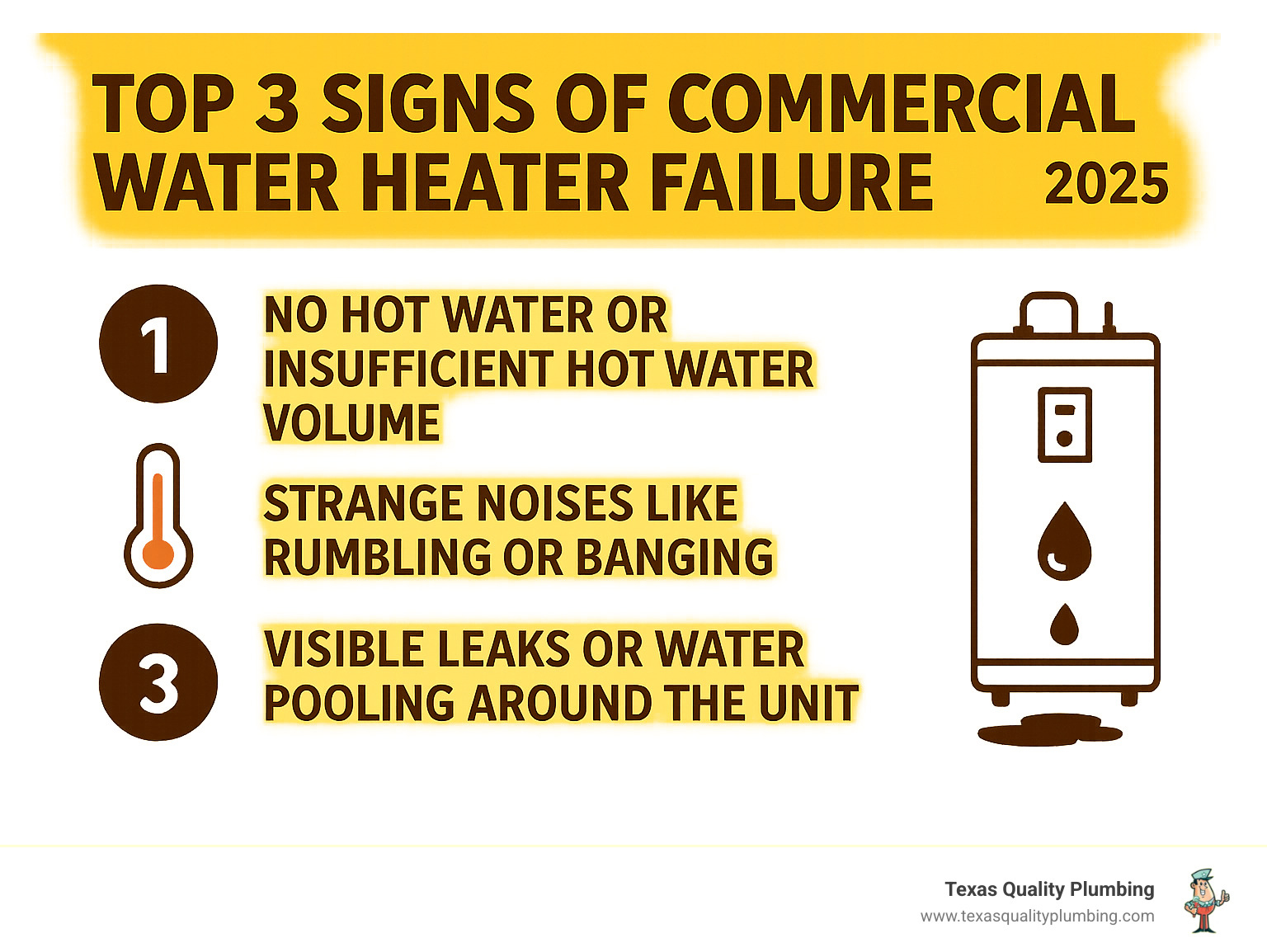 Infographic showing the top 3 signs of commercial water heater failure: 1. No hot water or insufficient hot water volume with temperature gauge icon, 2. Strange noises like rumbling or banging with sound wave icon, 3. Visible leaks or water pooling around the unit with water drop icon - commercial water heater repair infographic 