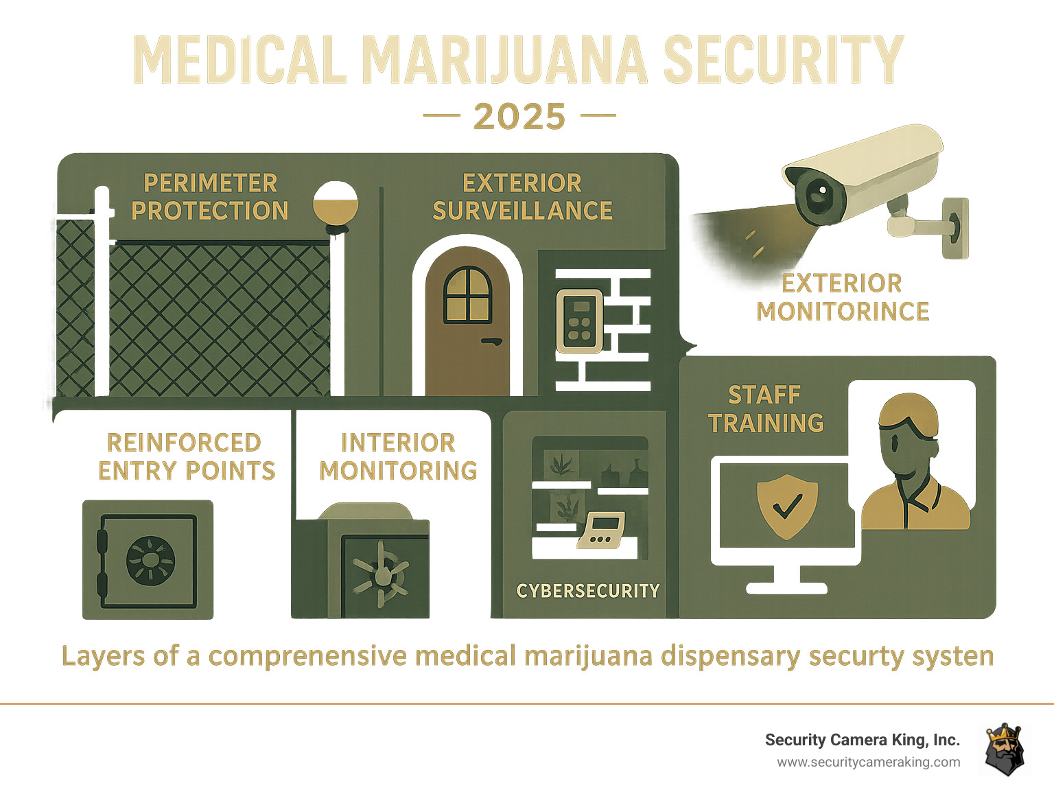 Comprehensive medical marijuana dispensary security system layers including perimeter protection with fencing and lighting, exterior surveillance cameras with night vision, reinforced entry points with access control systems, interior monitoring of sales areas and storage rooms, secure vault storage for products and cash, cybersecurity measures for data protection, and staff training protocols for emergency response - Medical marijuana security infographic 