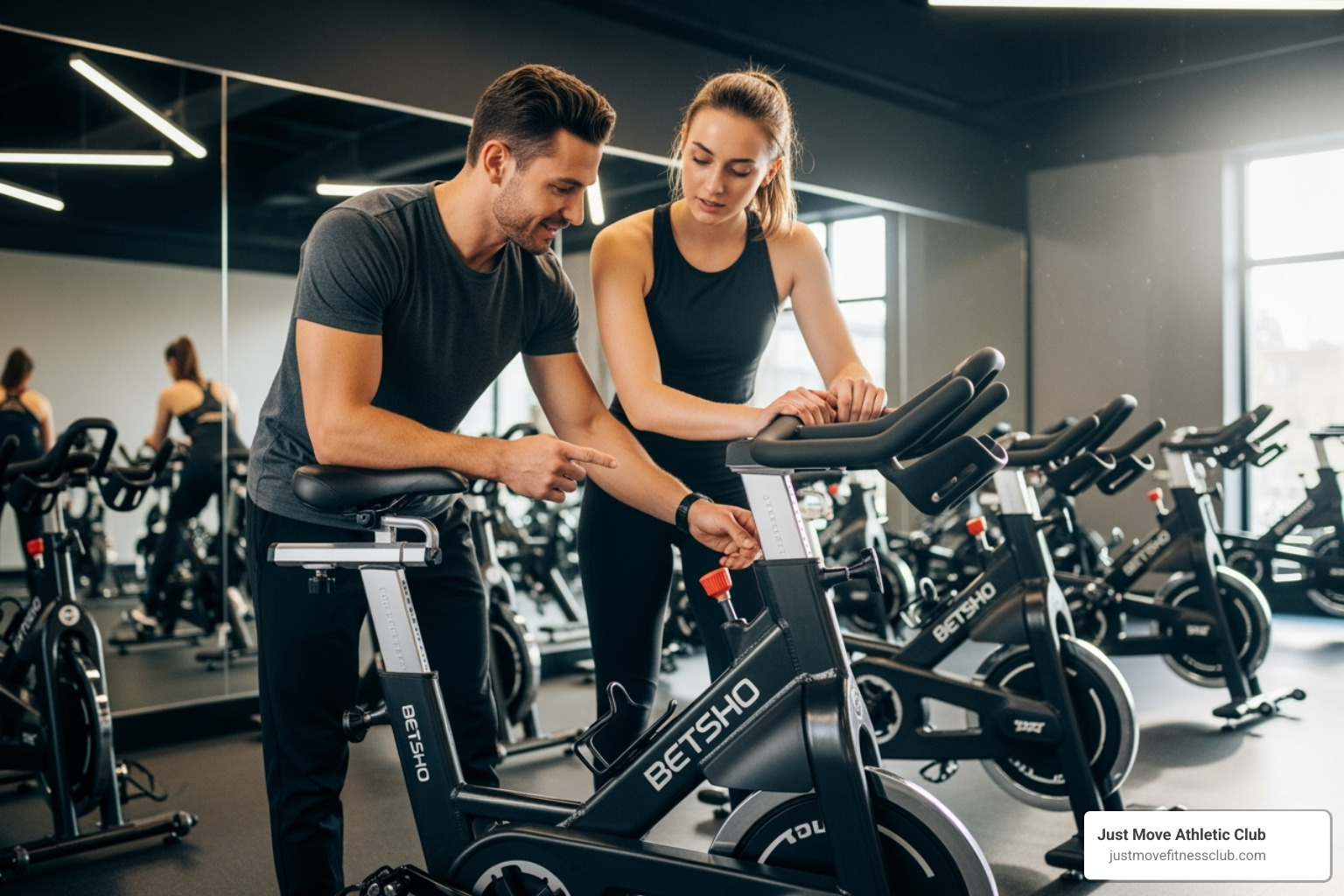 An instructor at Just Move helping a beginner with proper bike setup - Spin class workout