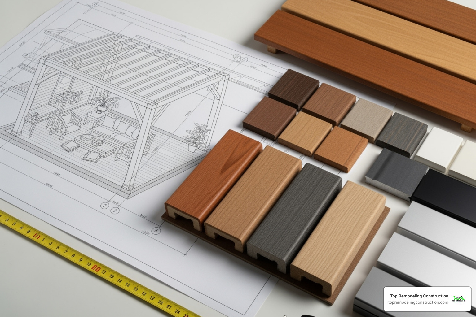 design blueprint for a covered patio next to material swatches like wood, composite, and aluminum - covered patio attached to house design blueprint for a covered patio next to material swatches like wood, composite, and aluminum - covered patio attached to house