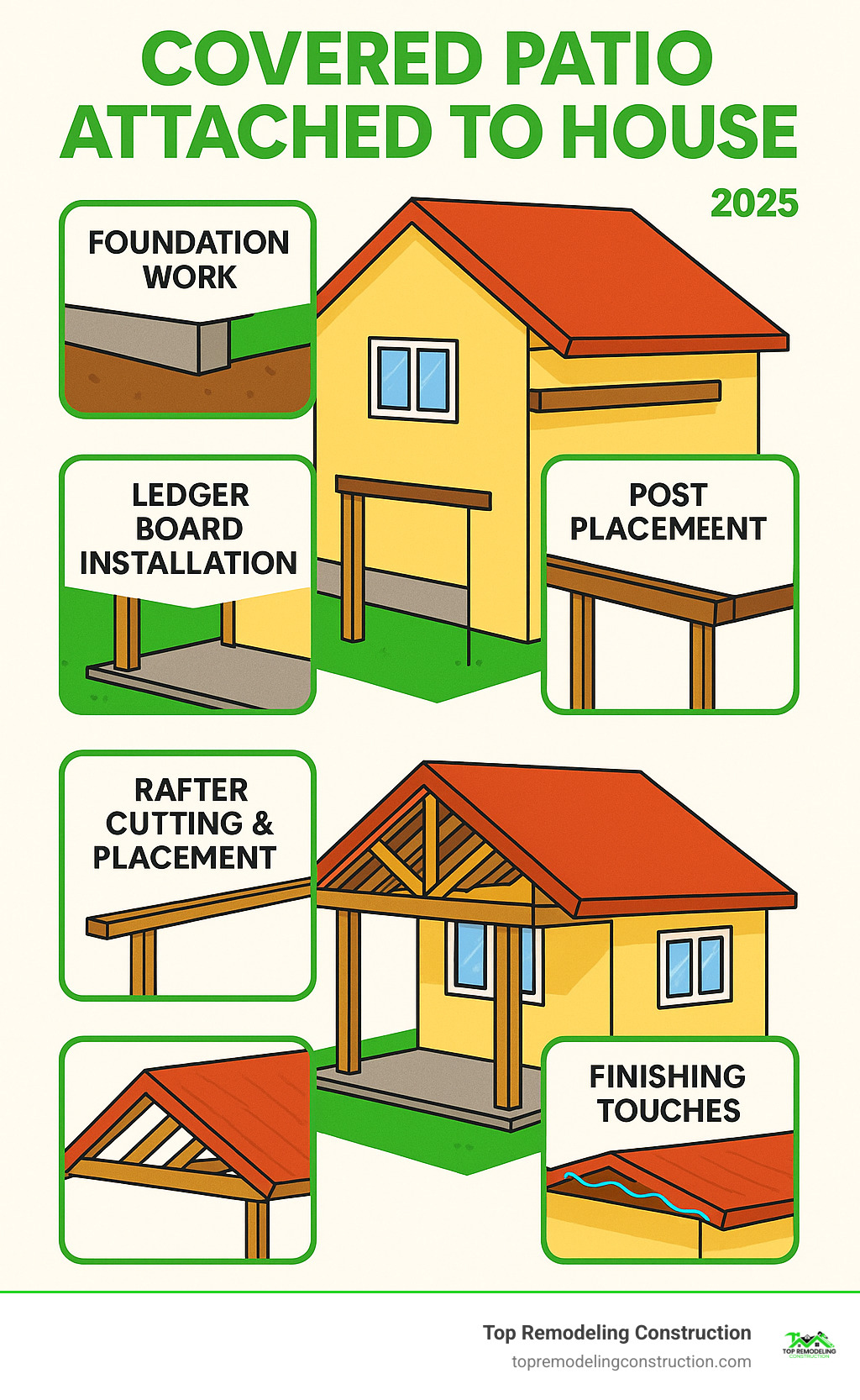 Infographic showing the process of attaching a covered patio to a house, including foundation work, ledger board installation, post placement, beam installation, rafter cutting and placement, roof decking application, and finishing touches with weatherproofing - covered patio attached to house infographic Infographic showing the process of attaching a covered patio to a house, including foundation work, ledger board installation, post placement, beam installation, rafter cutting and placement, roof decking application, and finishing touches with weatherproofing - covered patio attached to house infographic