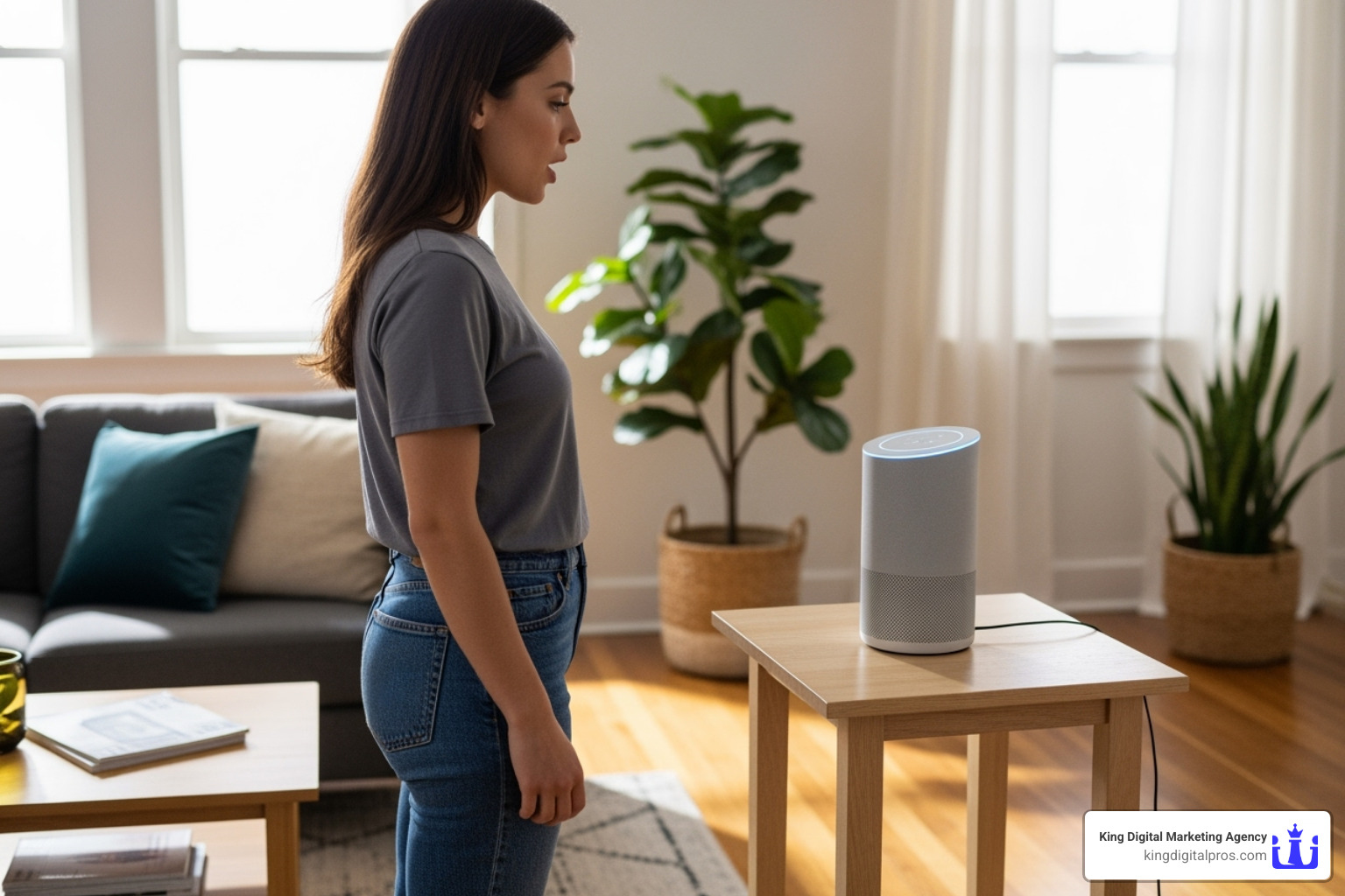 A person using voice search on a smart speaker to ask a local query - Local marketing expertise A person using voice search on a smart speaker to ask a local query - Local marketing expertise