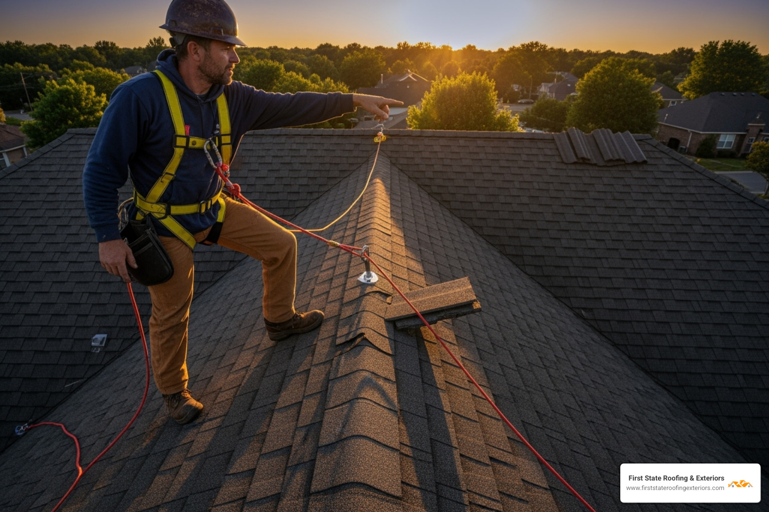 roofer pointing to broken tile on roof - replace broken roof tile
