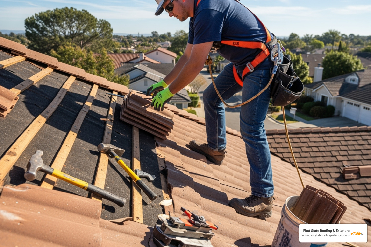roofer with safety harness and tools - replace broken roof tile