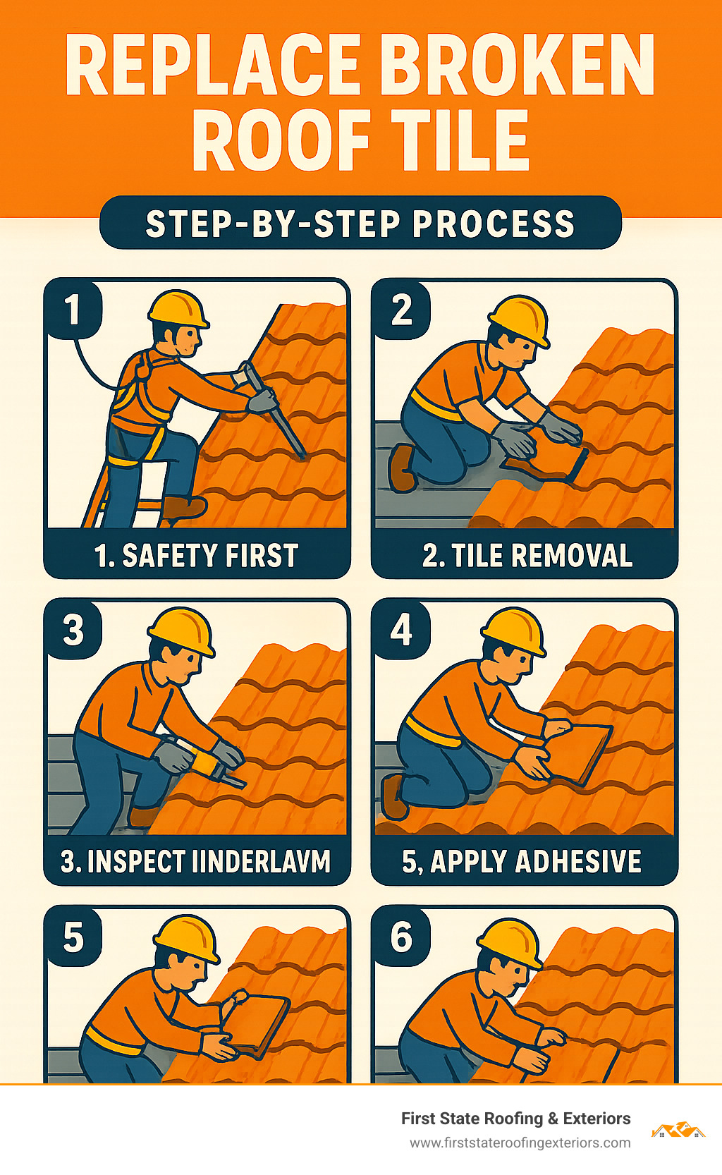 Step-by-step roof tile replacement process infographic showing safety equipment, tile removal, underlayment inspection, adhesive application, and proper tile installation techniques - replace broken roof tile infographic 