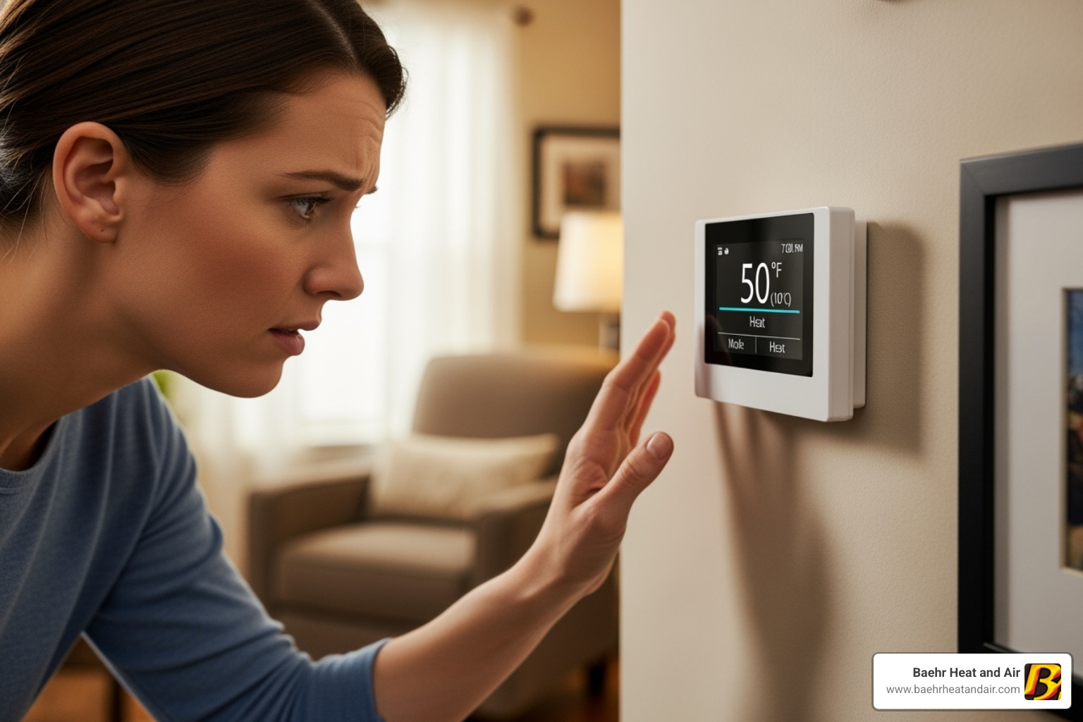 homeowner looking concerned at their thermostat - ac maintenance auburn