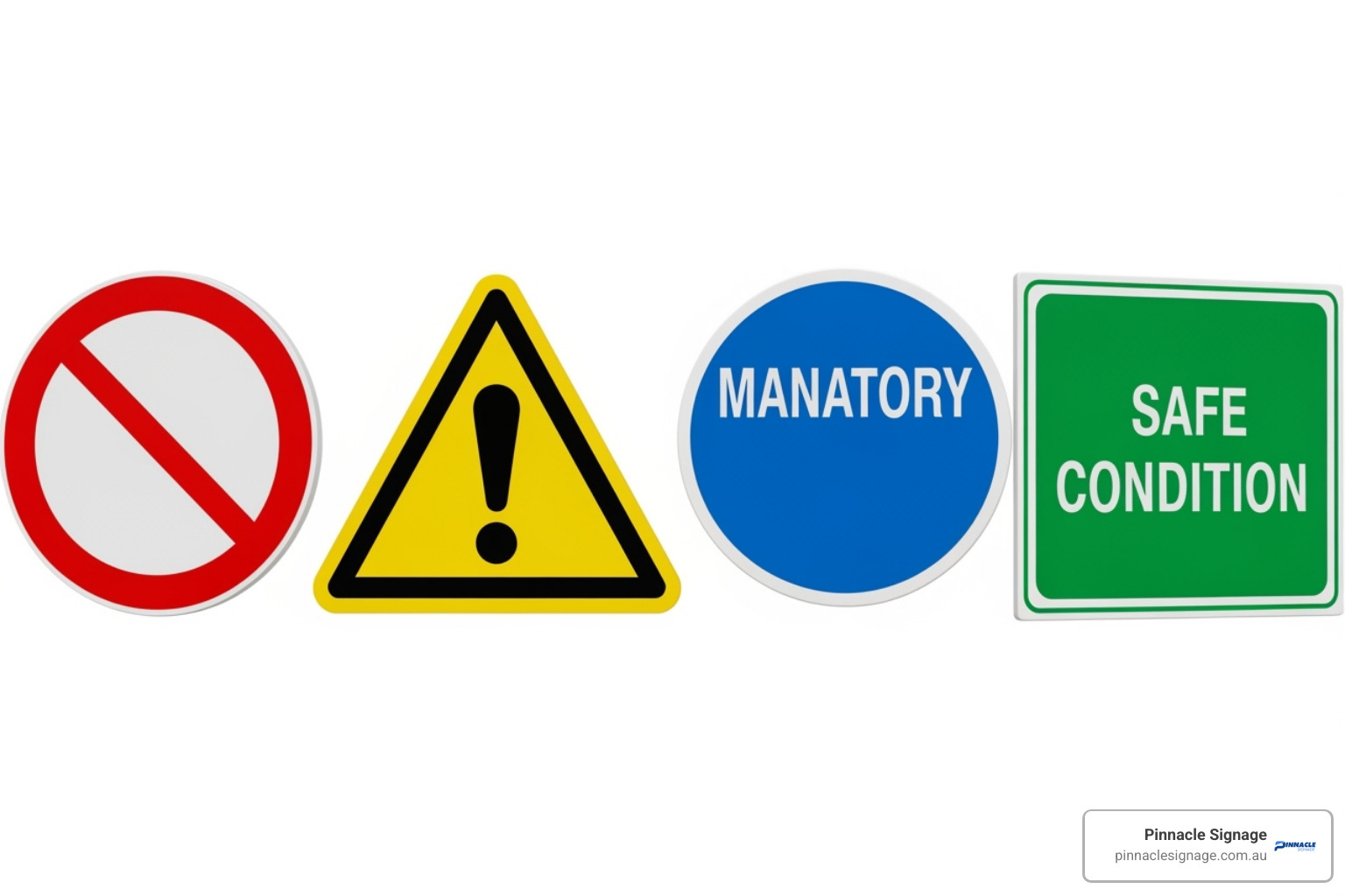 Image of the four main types of safety signs (Prohibition, Mandatory, Warning, Safe Condition) side-by-side with simple text labels. - What are safety symbols Image of the four main types of safety signs (Prohibition, Mandatory, Warning, Safe Condition) side-by-side with simple text labels. - What are safety symbols