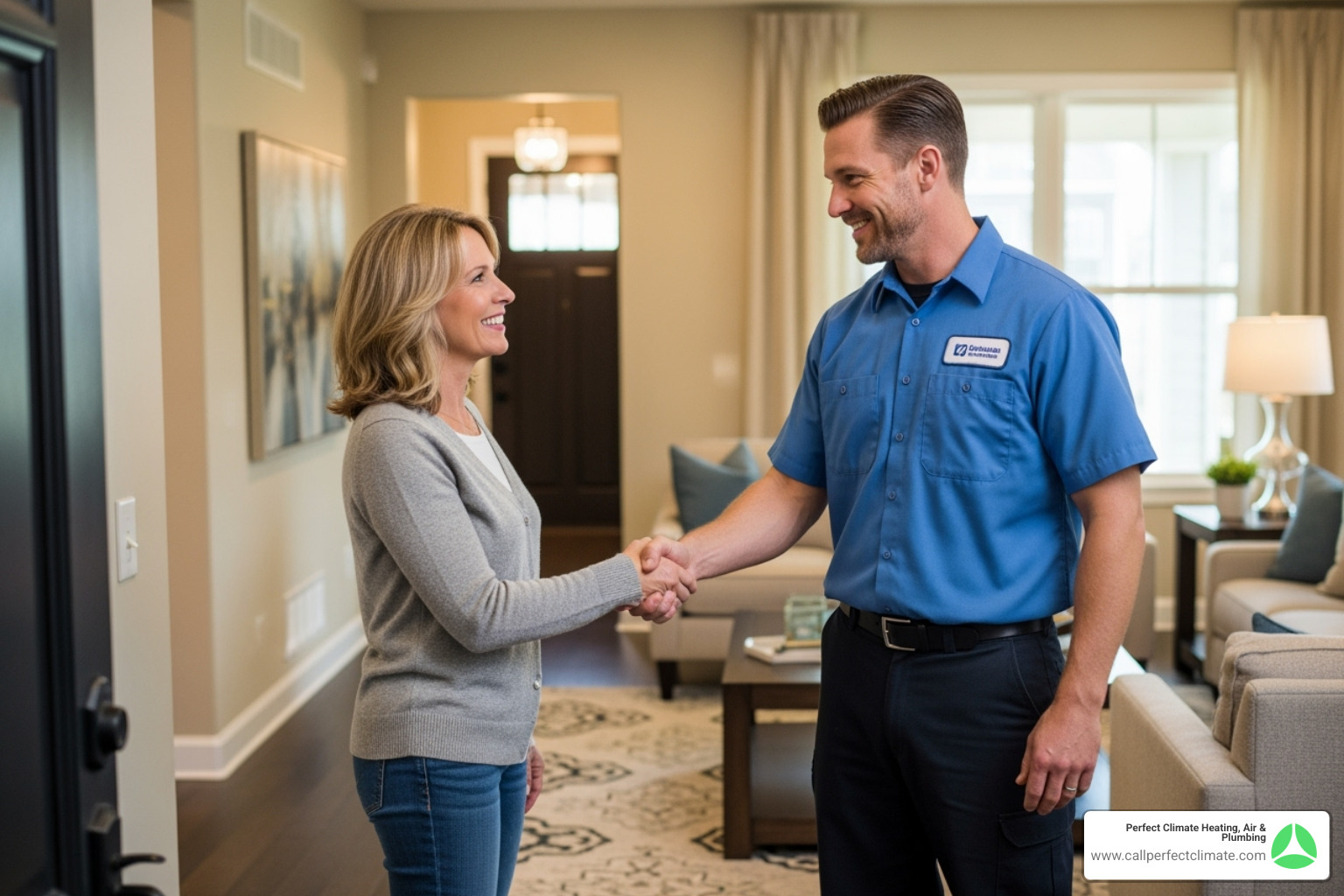 homeowner shaking hands with technician - Air conditioner repair Princeton homeowner shaking hands with technician - Air conditioner repair Princeton
