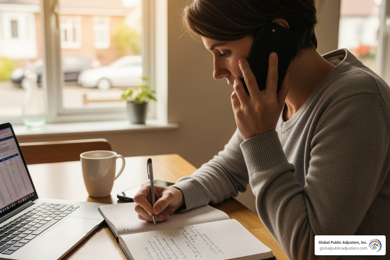 Person on the phone with an insurance agent, taking notes - Water damage claim