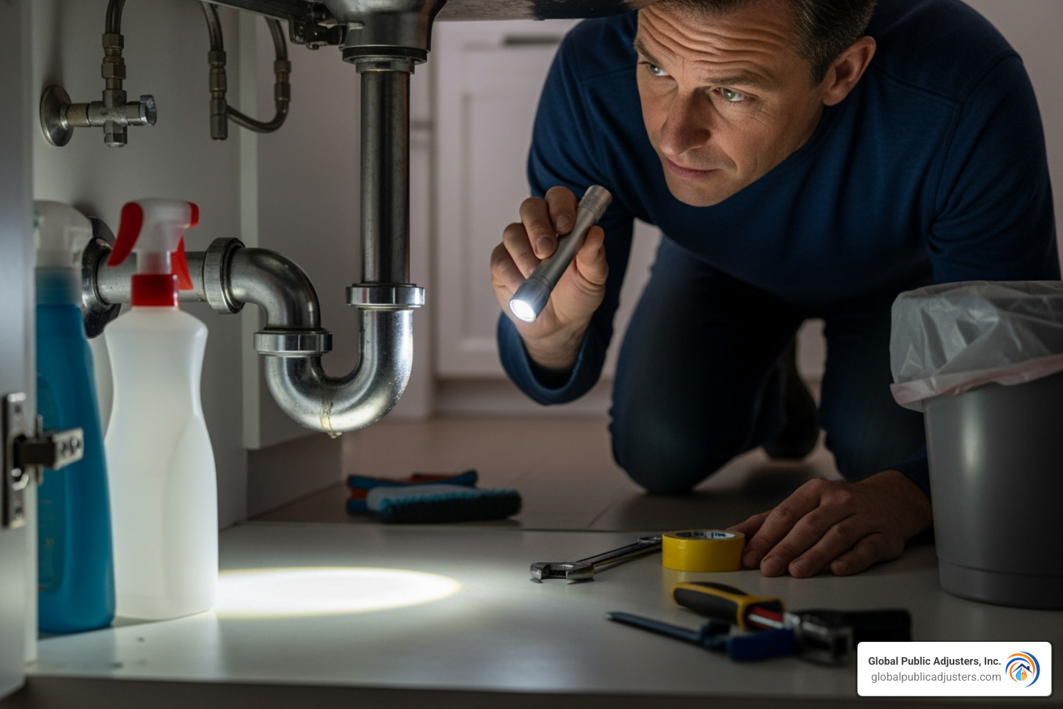 Homeowner checking a pipe for leaks - Water damage claim