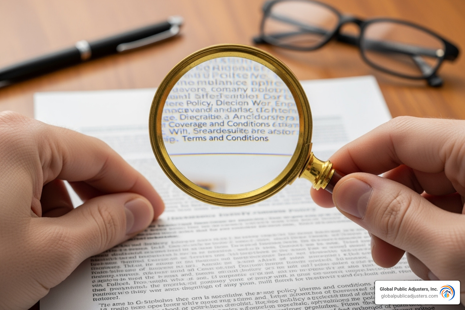 Person reviewing an insurance policy document with a magnifying glass - Water damage claim
