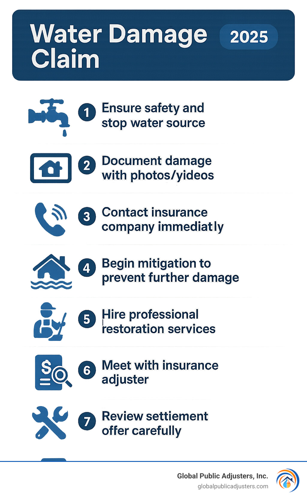 Infographic showing the 8 essential steps of filing a water damage claim: 1. Ensure safety and stop water source, 2. Document damage with photos/videos, 3. Contact insurance company immediately, 4. Begin mitigation to prevent further damage, 5. Hire professional restoration services, 6. Meet with insurance adjuster, 7. Review settlement offer carefully, 8. Complete repairs with approved contractors - Water damage claim infographic 