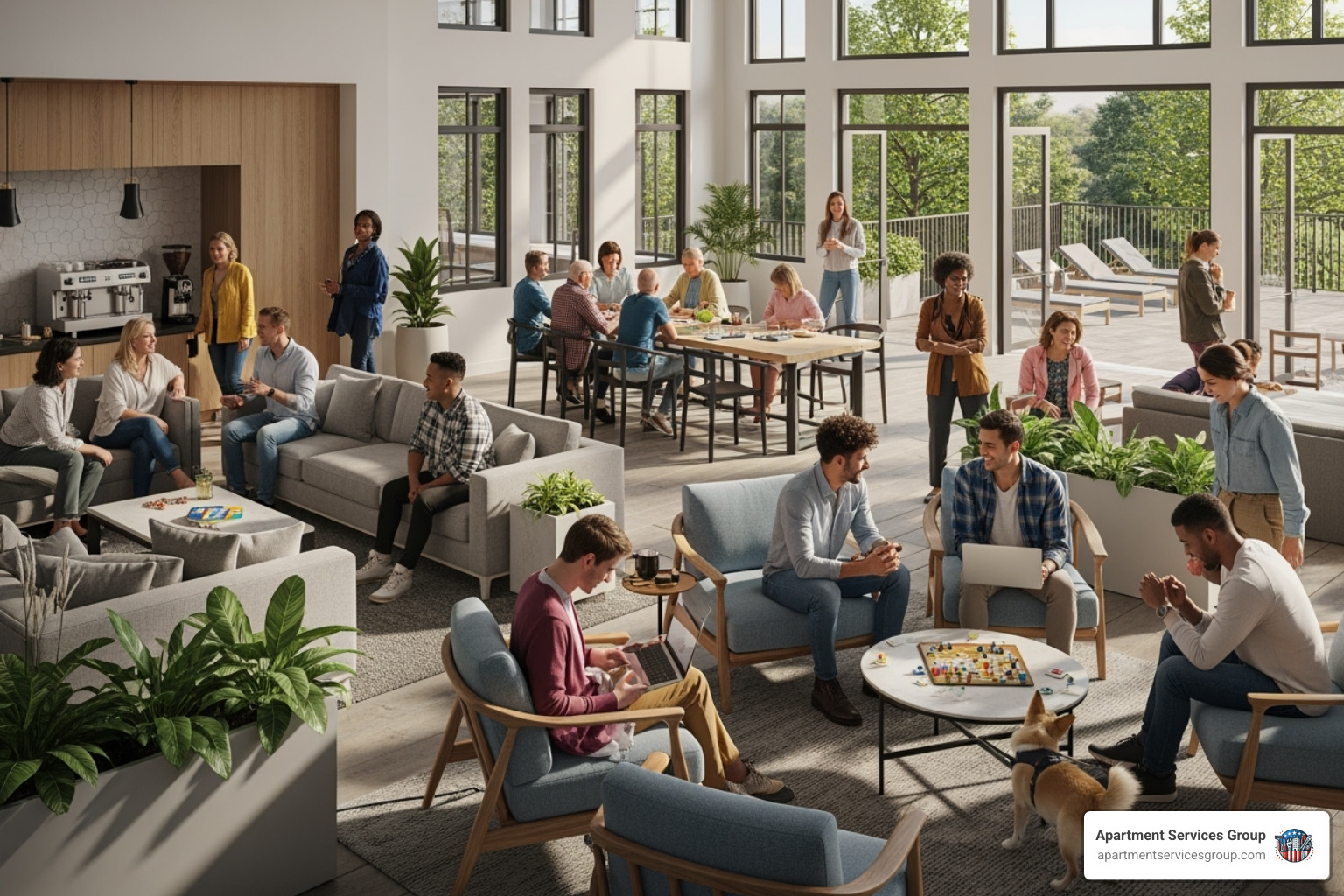 Happy residents in a community common area - Building management services Happy residents in a community common area - Building management services