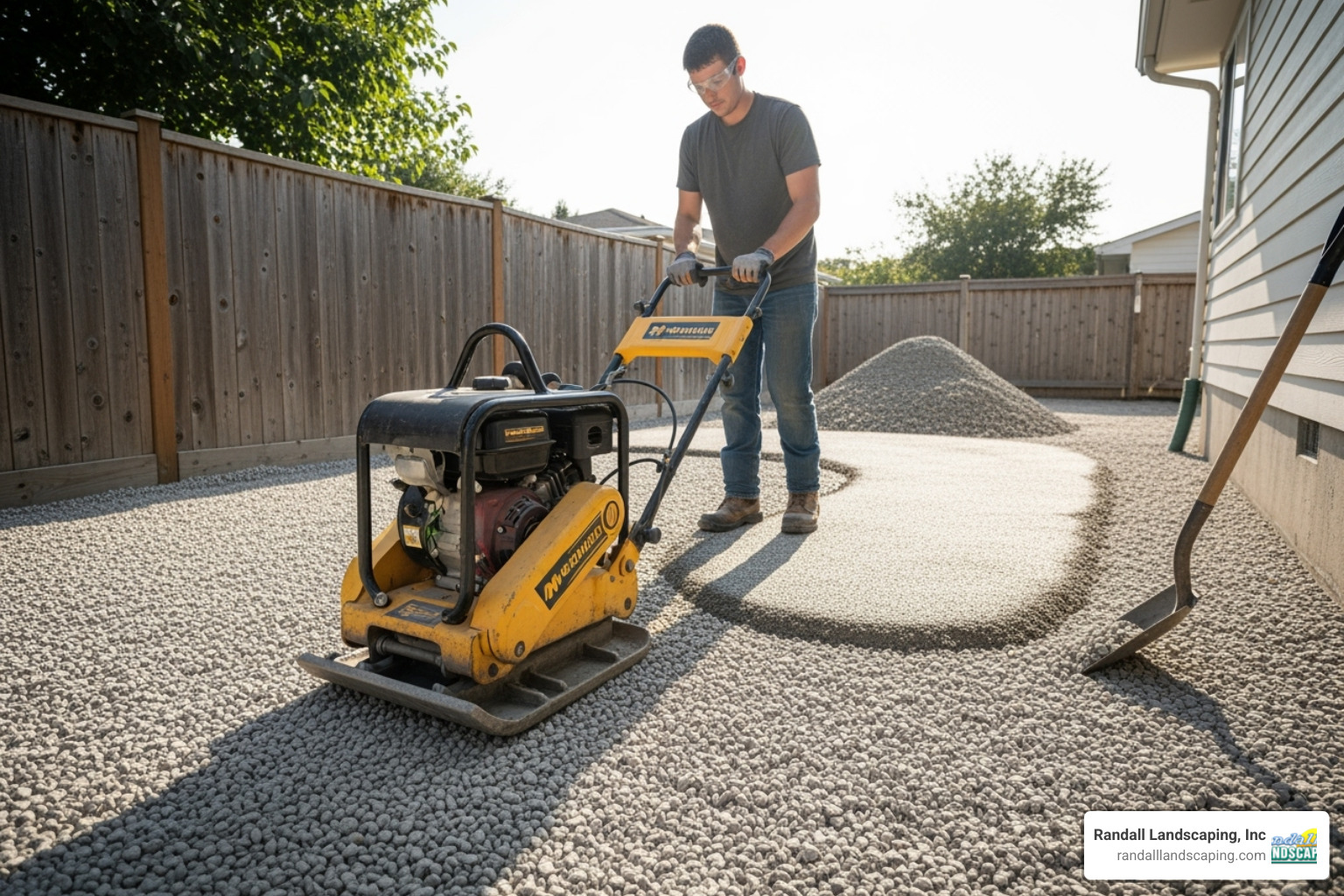 person tamping walkway base - walkway installation person tamping walkway base - walkway installation