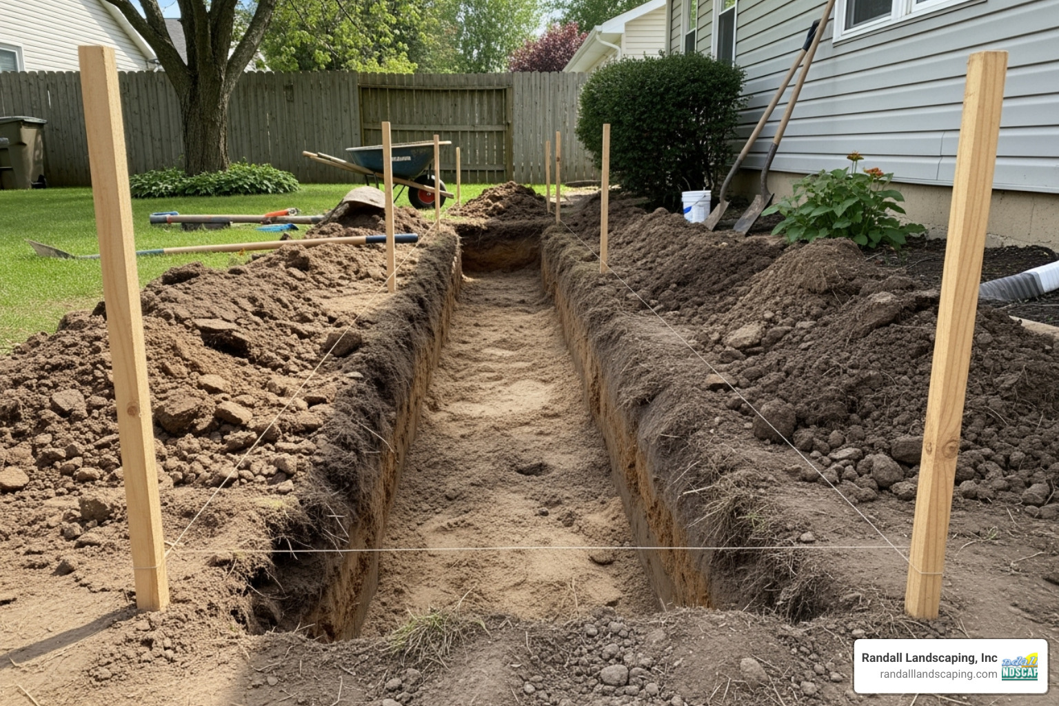 excavated trench with stakes and string lines - walkway installation excavated trench with stakes and string lines - walkway installation