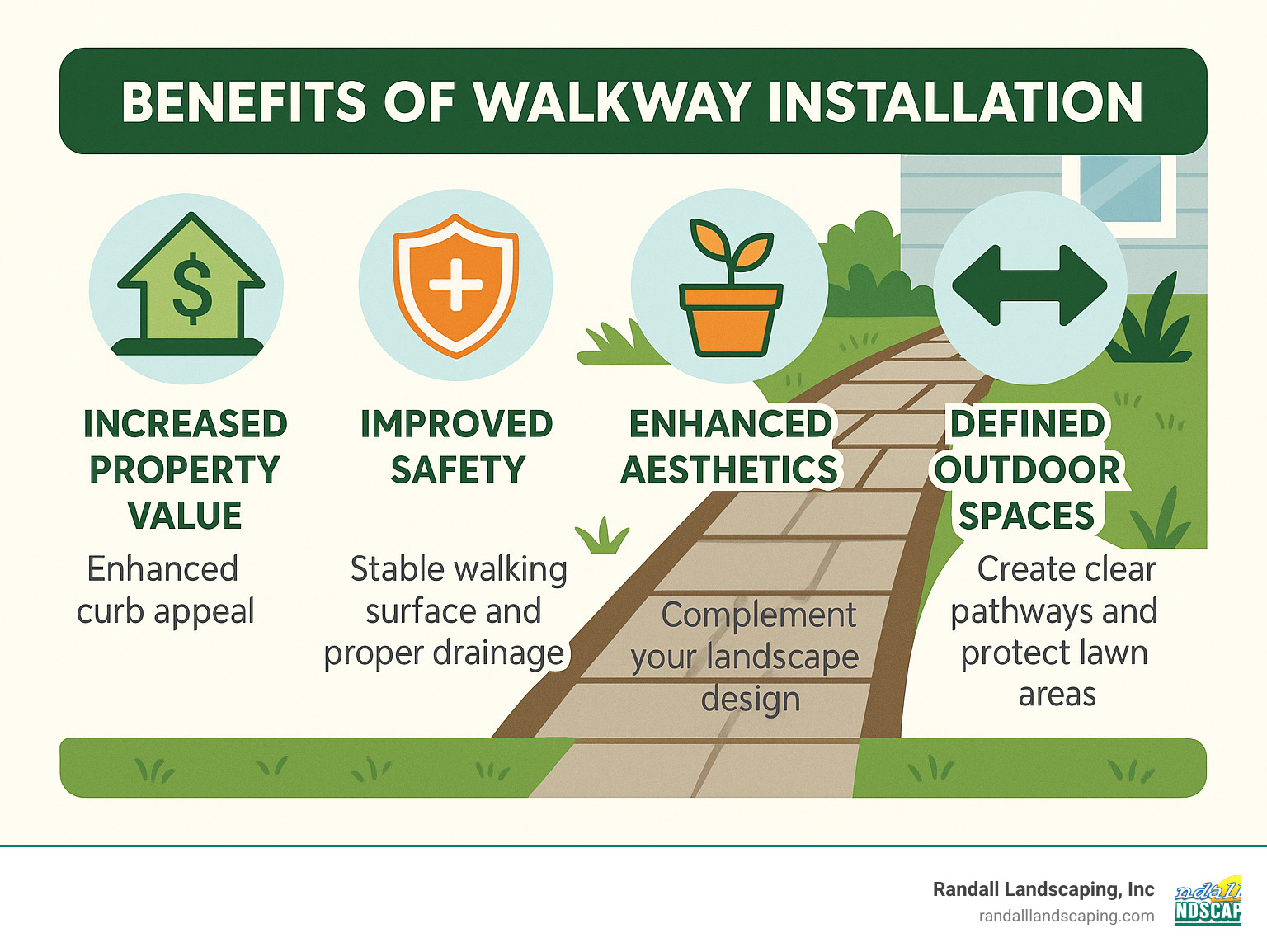 Infographic showing the key benefits of walkway installation: increased property value through improved curb appeal, improved safety with stable walking surfaces and proper drainage, improved aesthetics that complement your landscape design, and defined outdoor spaces that create clear pathways and protect lawn areas from foot traffic - walkway installation infographic Infographic showing the key benefits of walkway installation: increased property value through improved curb appeal, improved safety with stable walking surfaces and proper drainage, improved aesthetics that complement your landscape design, and defined outdoor spaces that create clear pathways and protect lawn areas from foot traffic - walkway installation infographic