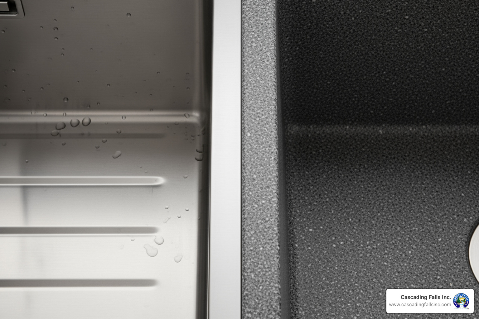close-up shot showing the texture of a stainless steel sink next to a granite composite one - outdoor kitchen sink close-up shot showing the texture of a stainless steel sink next to a granite composite one - outdoor kitchen sink