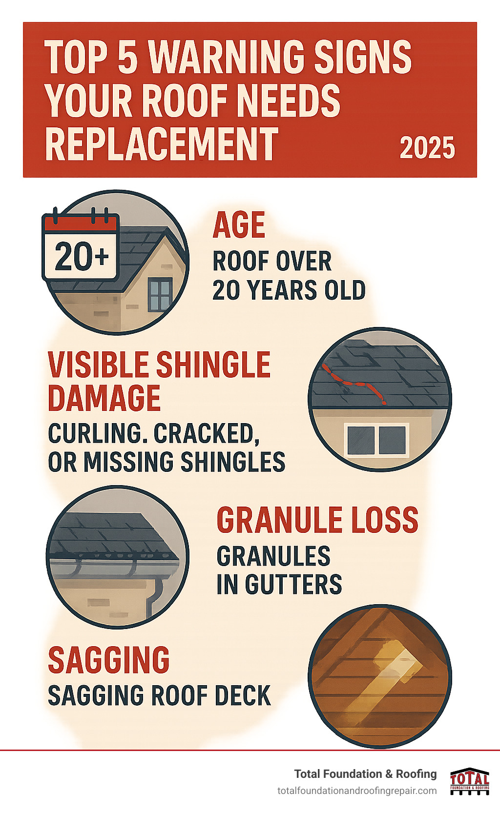 Comprehensive infographic showing the top 5 warning signs your roof needs replacement including age indicators, visible shingle damage, granule loss in gutters, structural sagging, and interior water damage or light penetration - replacing your roof infographic 