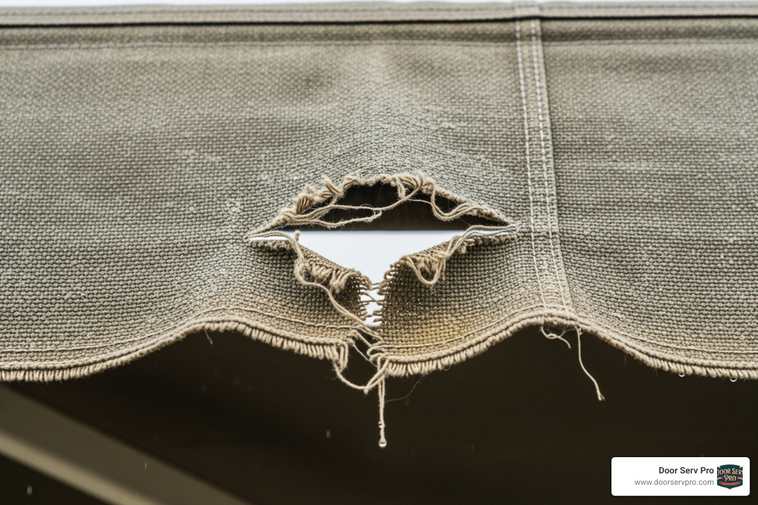 faded and slightly torn awning fabric - patio awning repair