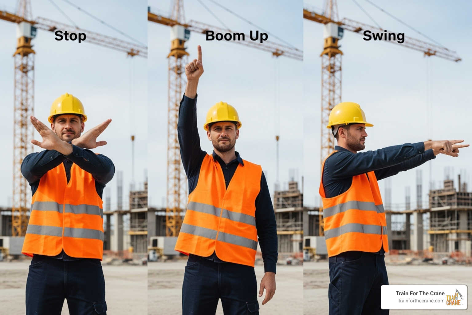 standard crane hand signals (Stop, Boom Up, Swing) - nccco test questions and answers