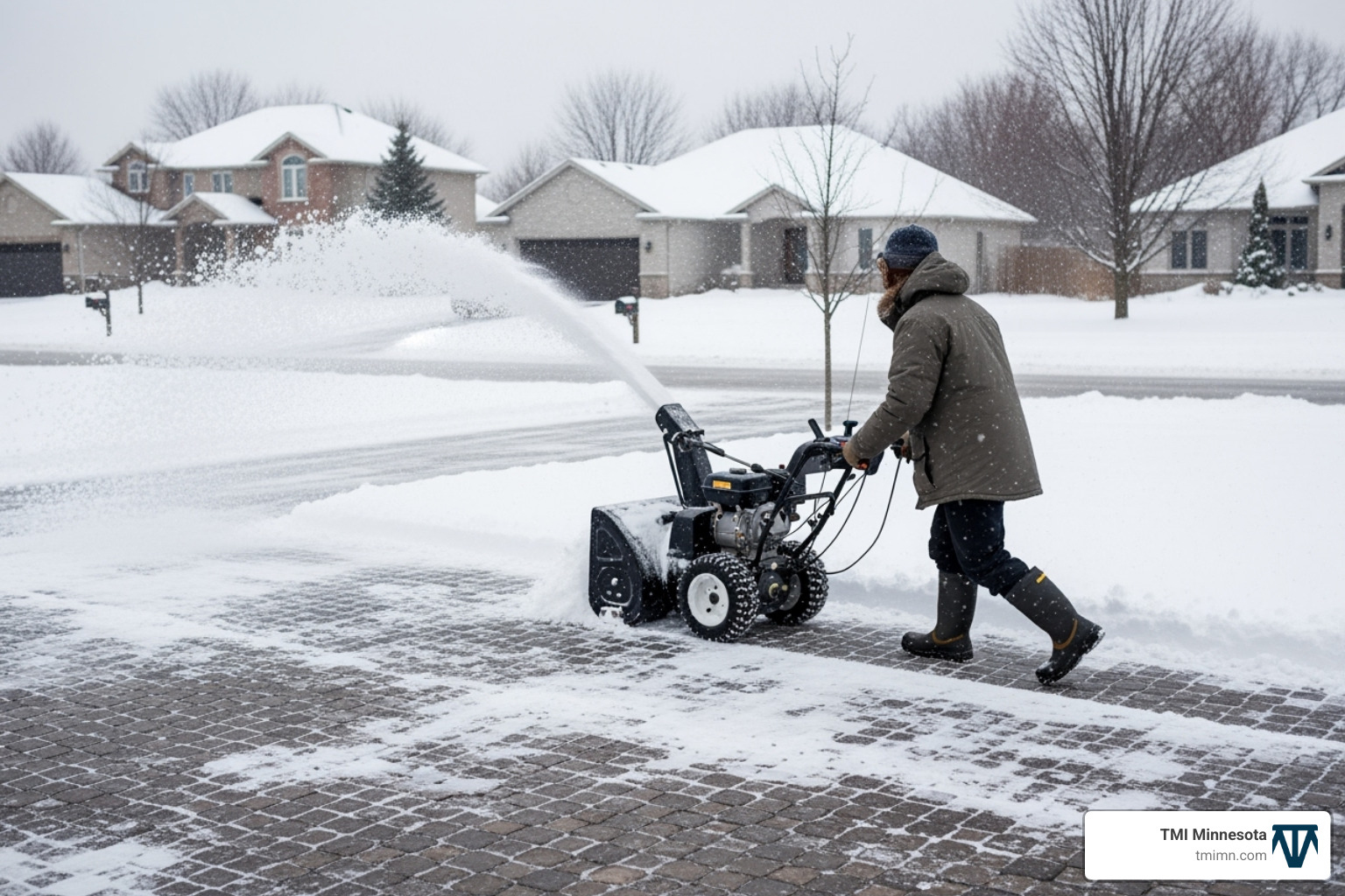 A person using a snowblower to clear snow from an interlocking paver driveway, showcasing its winter performance - interlocking paver driveways A person using a snowblower to clear snow from an interlocking paver driveway, showcasing its winter performance - interlocking paver driveways