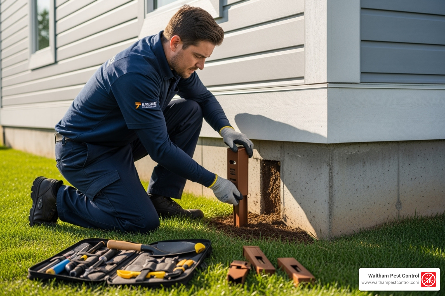 pest control professional installing a termite bait station near a home's foundation - best termite prevention