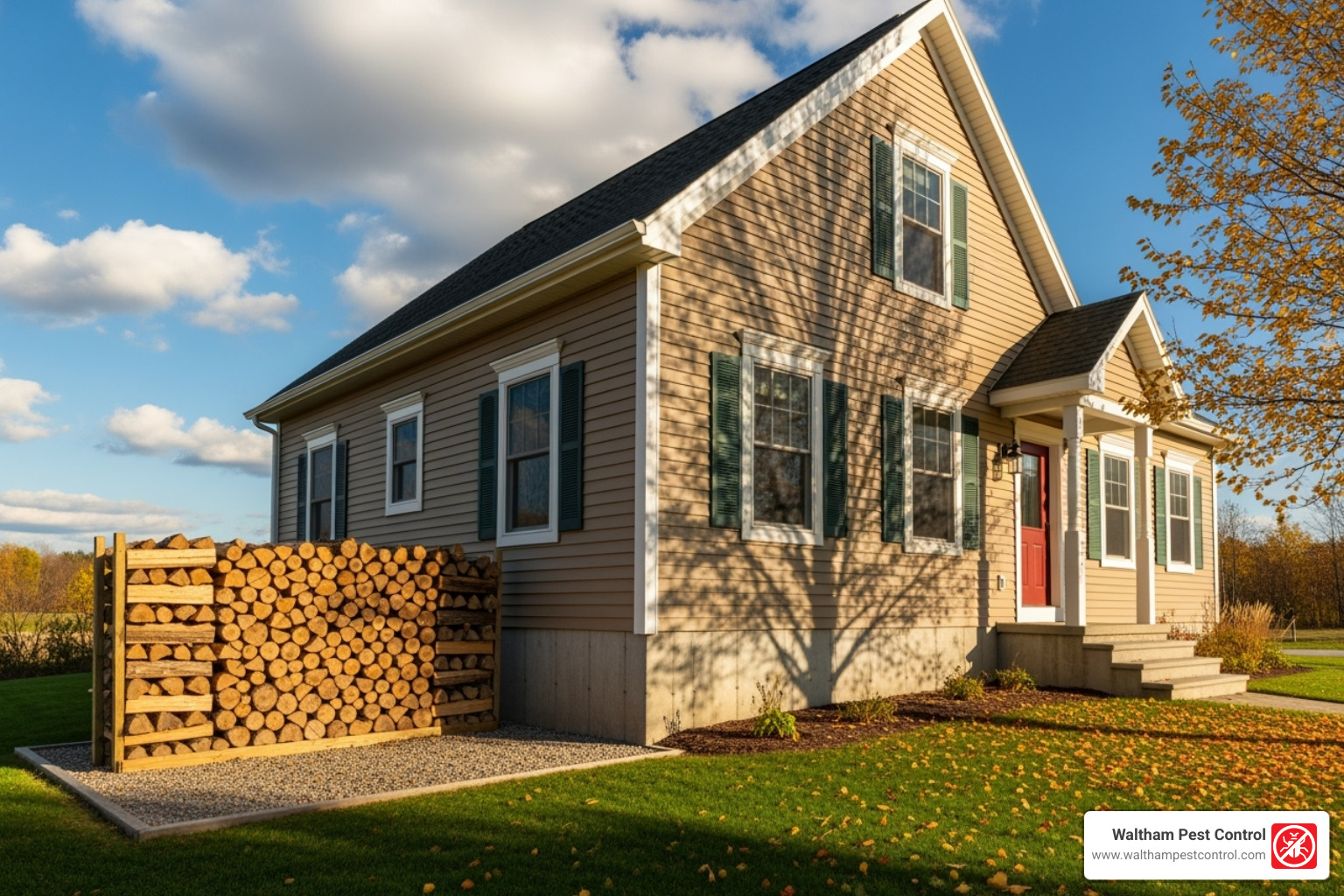 well-maintained home exterior with clear foundation and neatly stacked firewood away from the house - best termite prevention