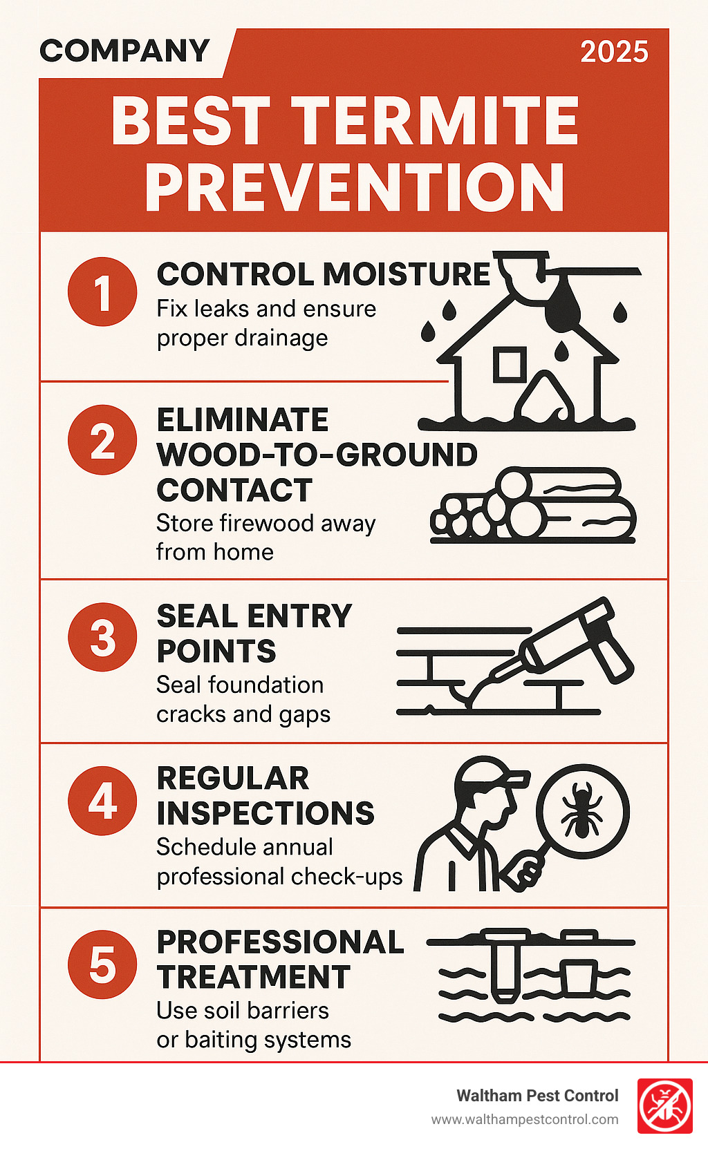 Comprehensive termite prevention infographic showing 5 essential steps: moisture control through fixing leaks and proper drainage, eliminating wood-to-ground contact by storing firewood away from home, sealing foundation cracks and entry points, scheduling annual professional inspections, and implementing professional treatments like soil barriers and baiting systems - best termite prevention infographic 