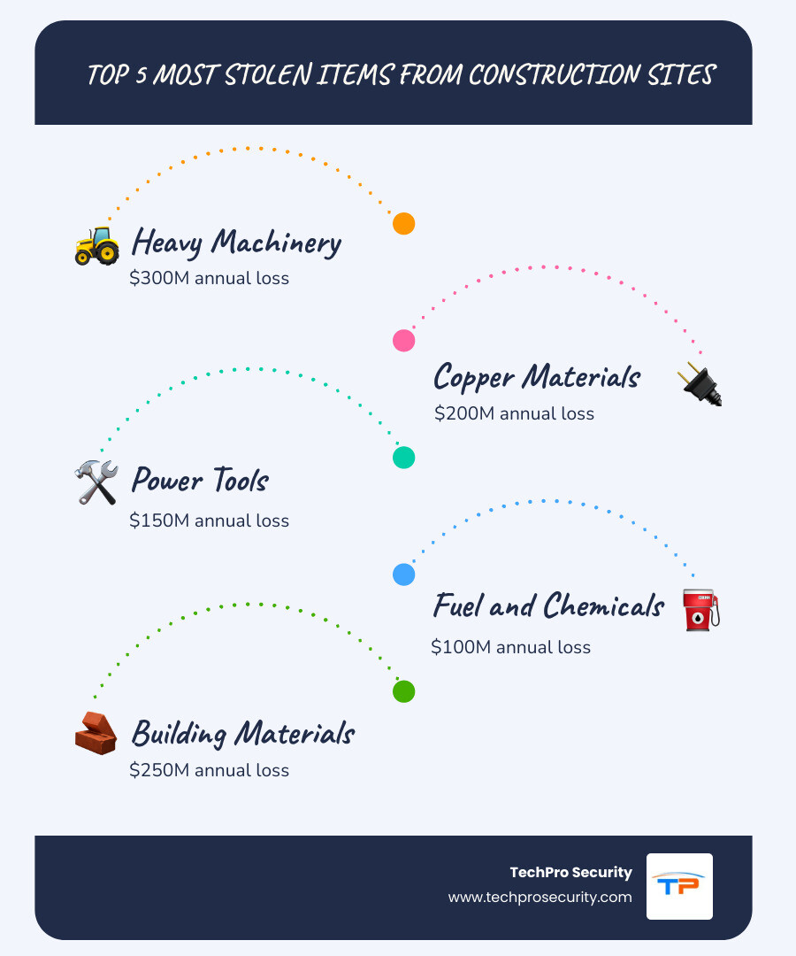 Infographic showing top 5 stolen construction items: heavy machinery ($300M annual loss), copper materials ($200M annual loss), power tools ($150M annual loss), fuel and chemicals ($100M annual loss), and building materials ($250M annual loss), with total industry theft costs exceeding $1 billion annually - which items must be kept secure on a construction site infographic infographic-line-5-steps-blues-accent_colors