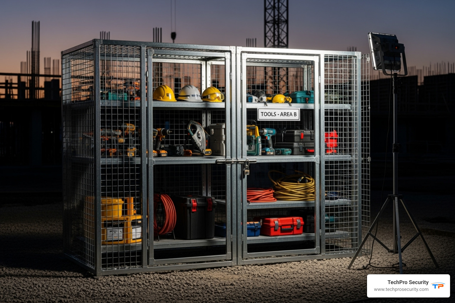 tools secured in a locked cage on a construction site - which items must be kept secure on a construction site