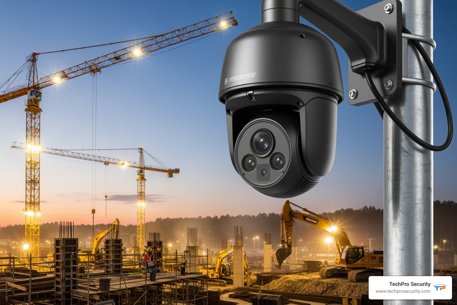 high-tech PTZ security camera overlooking a construction site - which items must be kept secure on a construction site