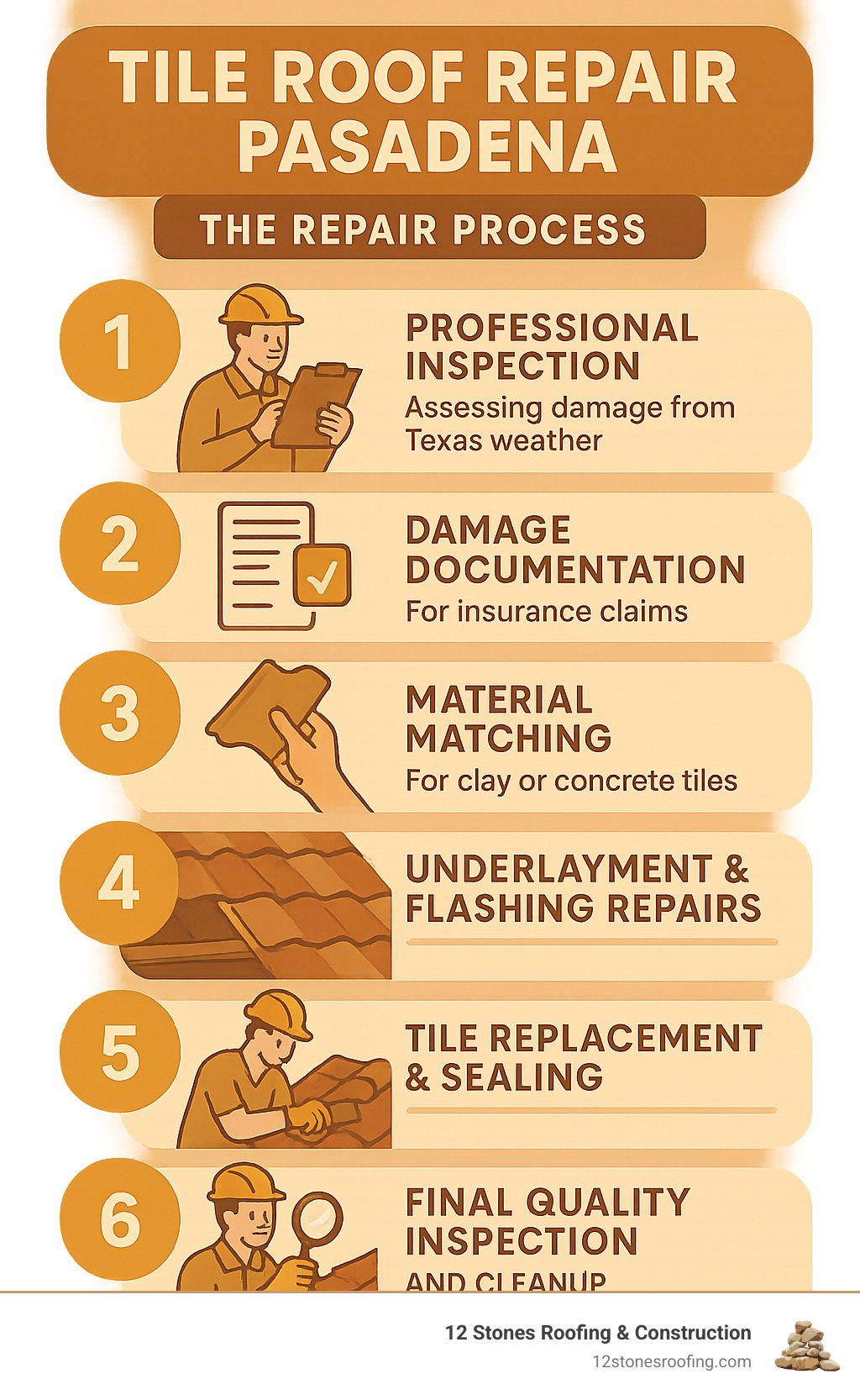 Infographic showing the tile roof repair process in Pasadena: 1) Professional inspection to assess damage from Texas weather, 2) Damage documentation for insurance claims, 3) Material matching for clay or concrete tiles, 4) Underlayment and flashing repairs, 5) Tile replacement and sealing, 6) Final quality inspection and cleanup - tile roof repair Pasadena infographic 