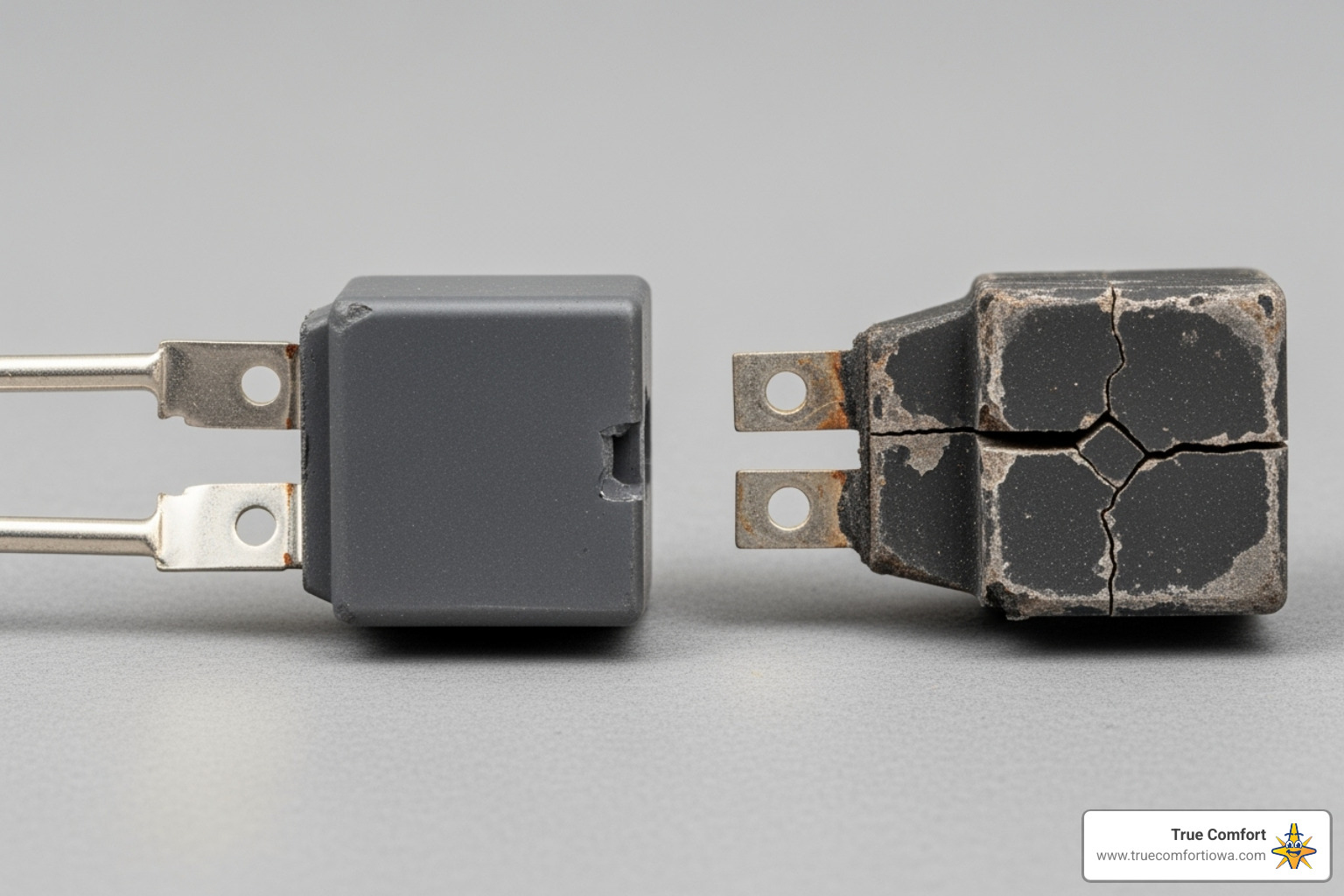 side-by-side comparison of a new, intact ignitor and an old, cracked ignitor - Furnace ignitor replacement